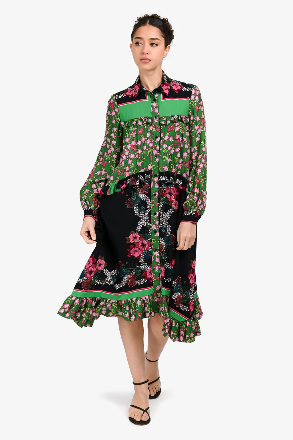 Sandro Green/Black Floral Print Button Down Ruffle Detail Dress Size 38