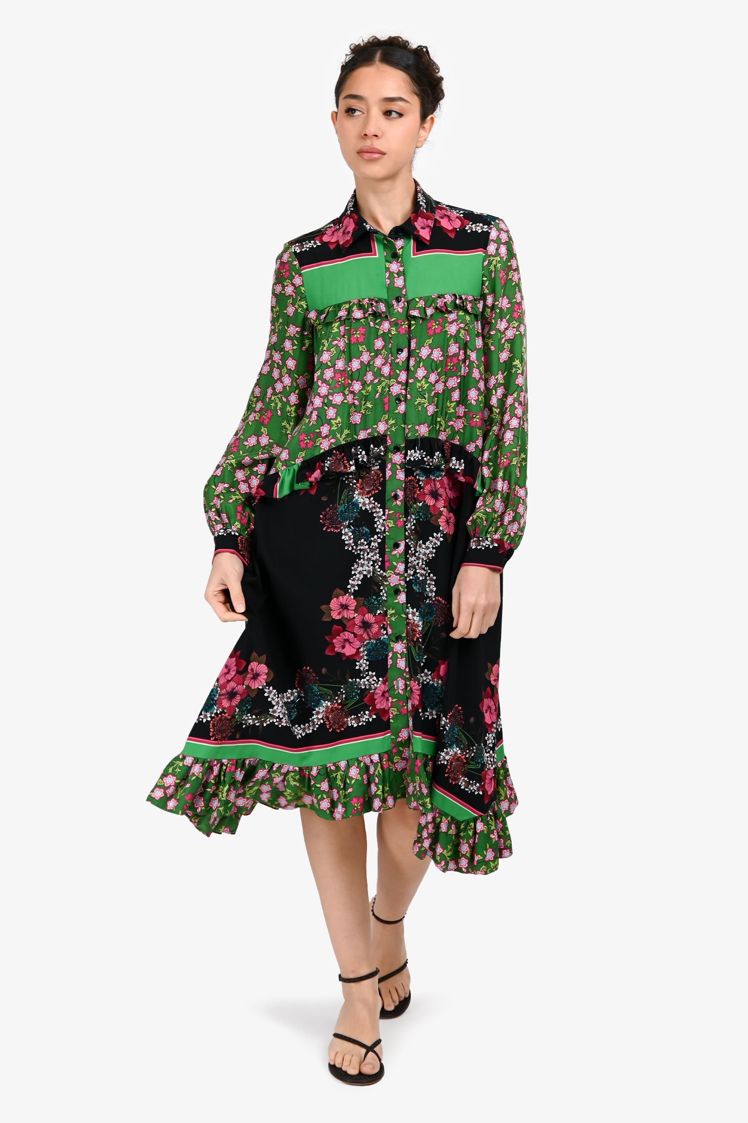 Sandro Green/Black Floral Print Button Down Ruffle Detail Dress Size 38