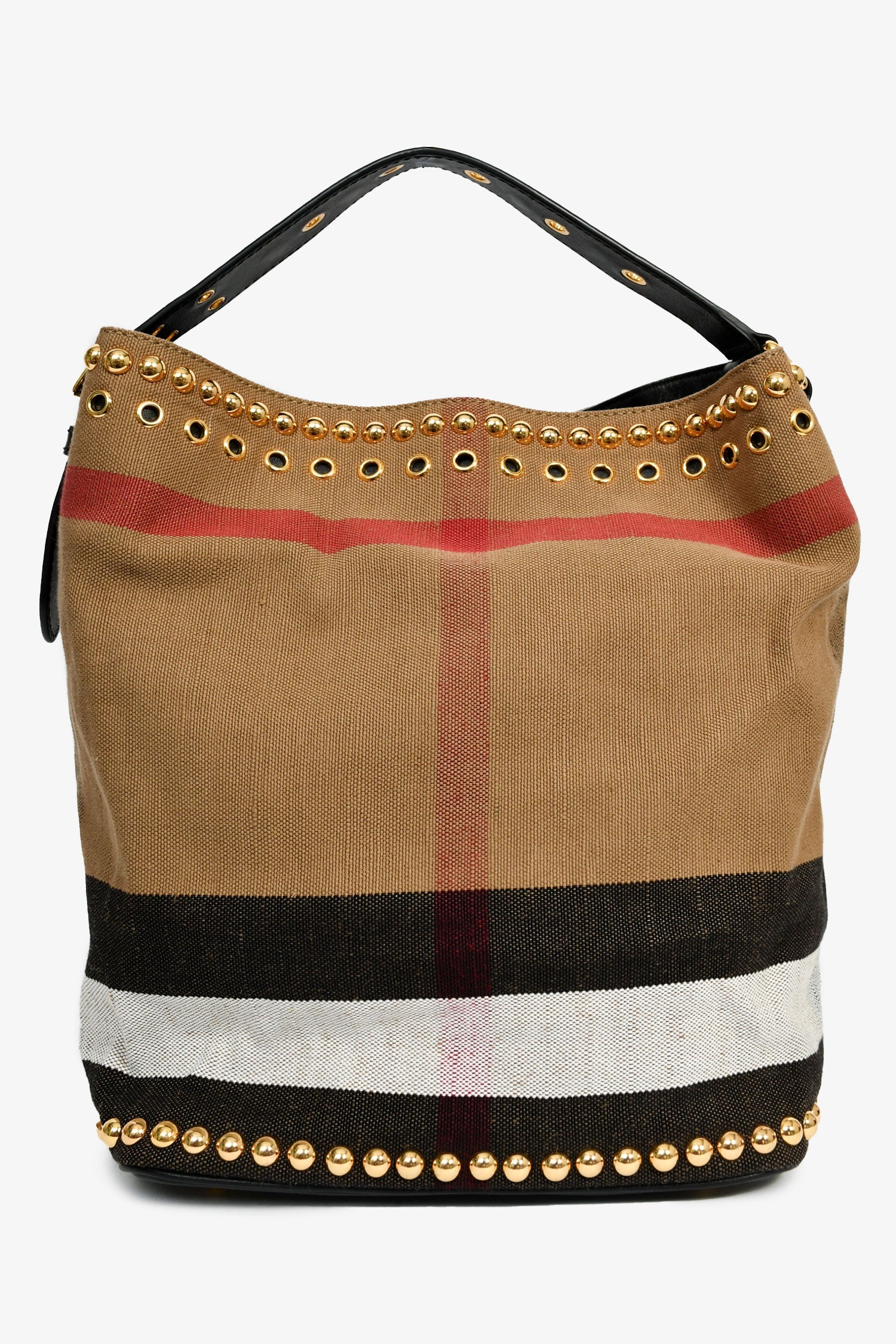 Burberry Brown/Black Linen/Leather Novacheck Studded Hobo Bag