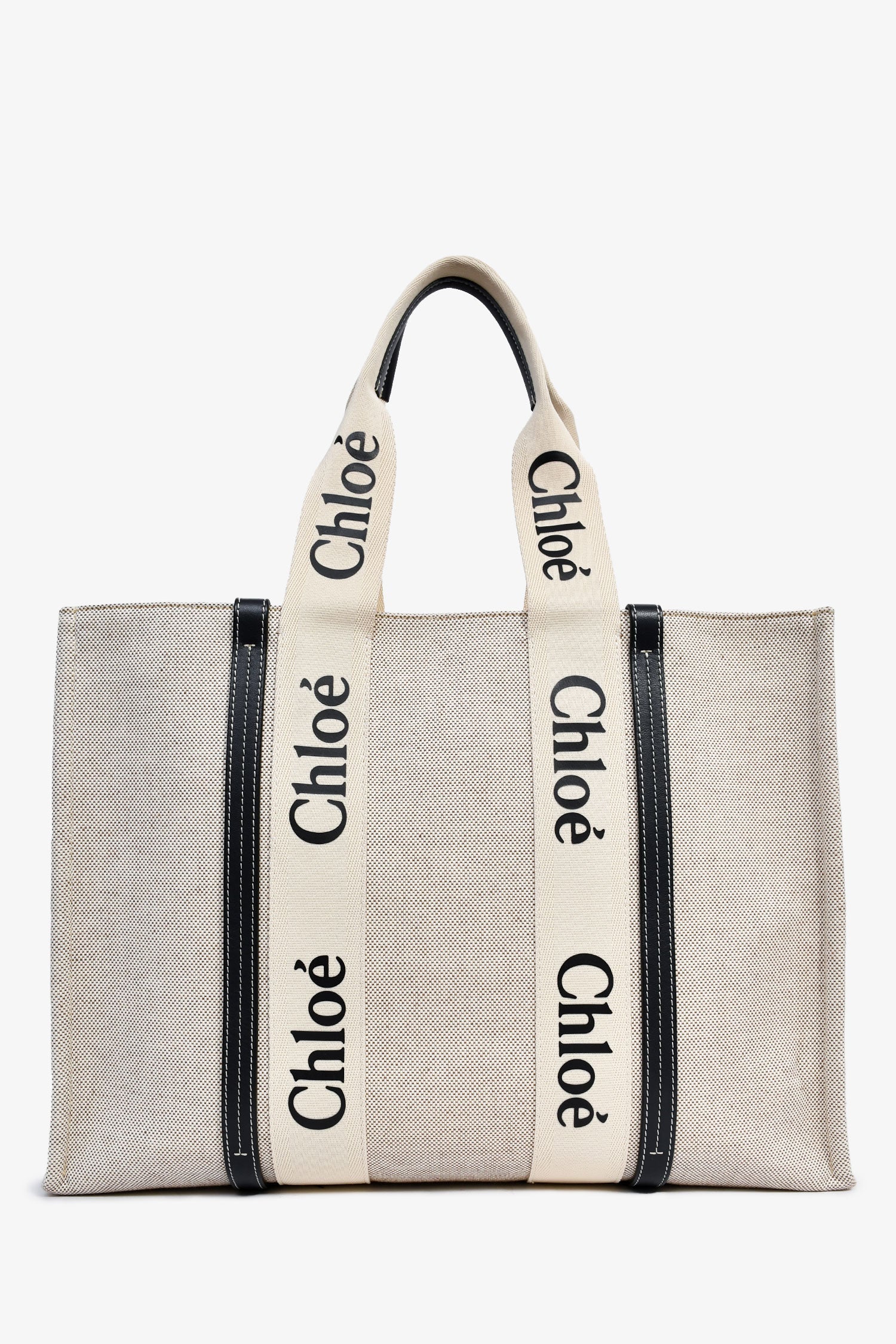 Chloe Beige Fabric Black Leather Trim Logo Woody Large Tote