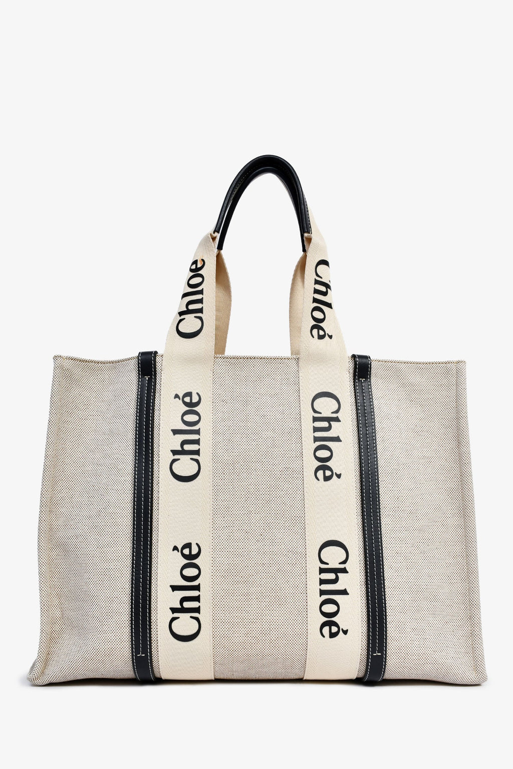 Chloe Beige Fabric Black Leather Trim Logo Woody Large Tote