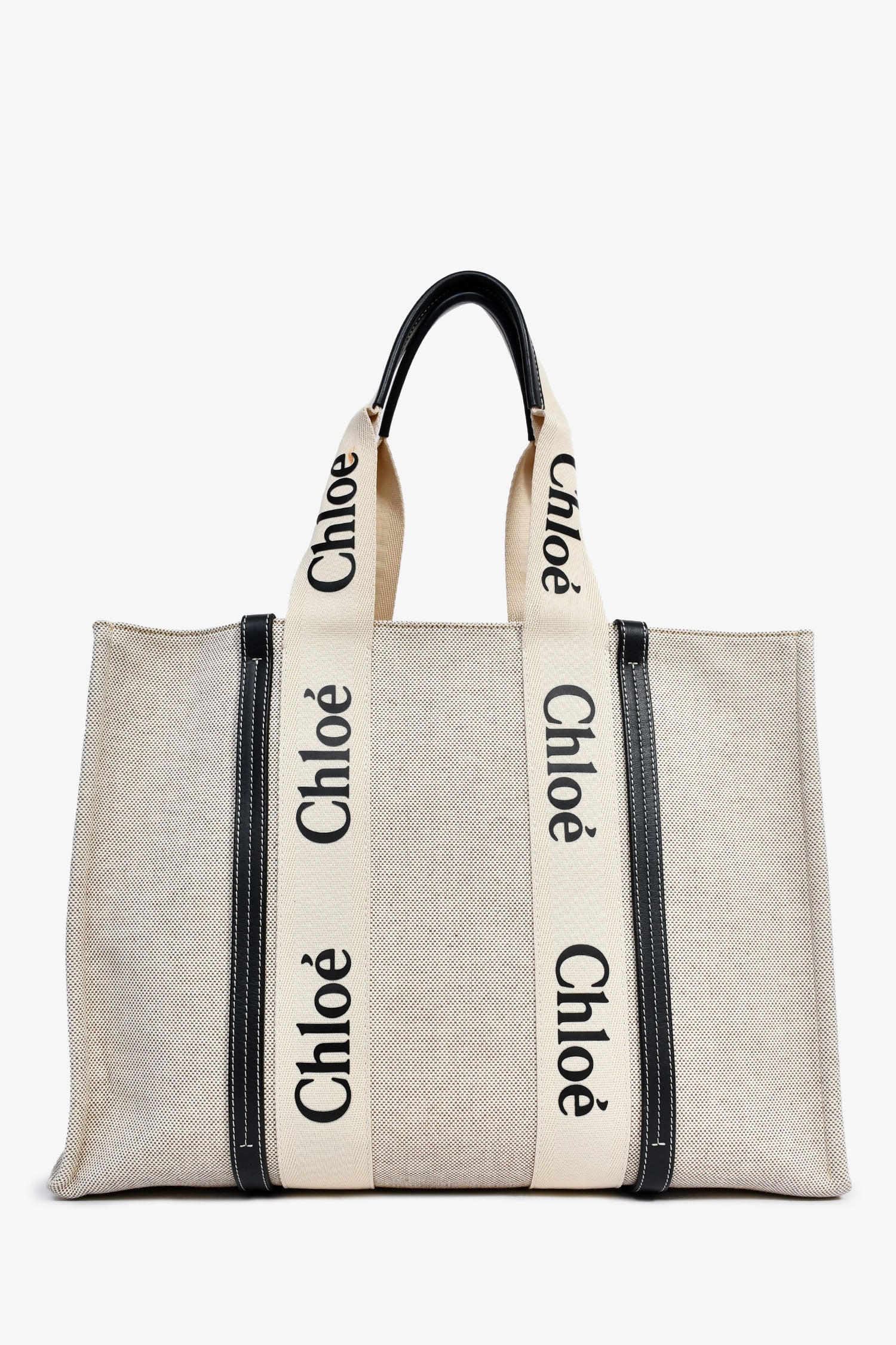 Chloe Beige Fabric Black Leather Trim Logo Woody Large Tote