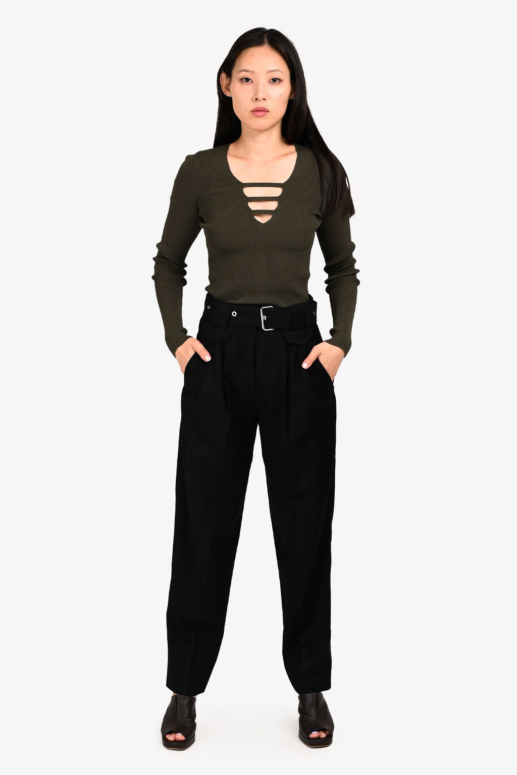 Judith & Charles Black Wool Belted Paperbag Trousers Size 0