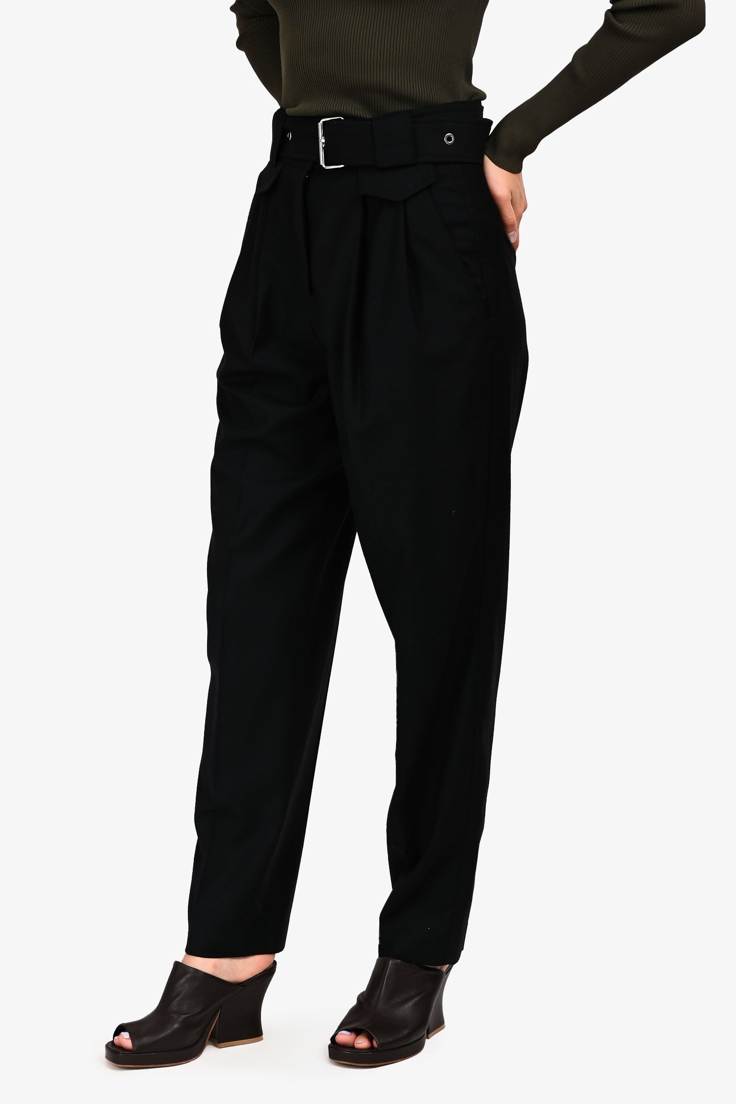 Judith & Charles Black Wool Belted Paperbag Trousers Size 0
