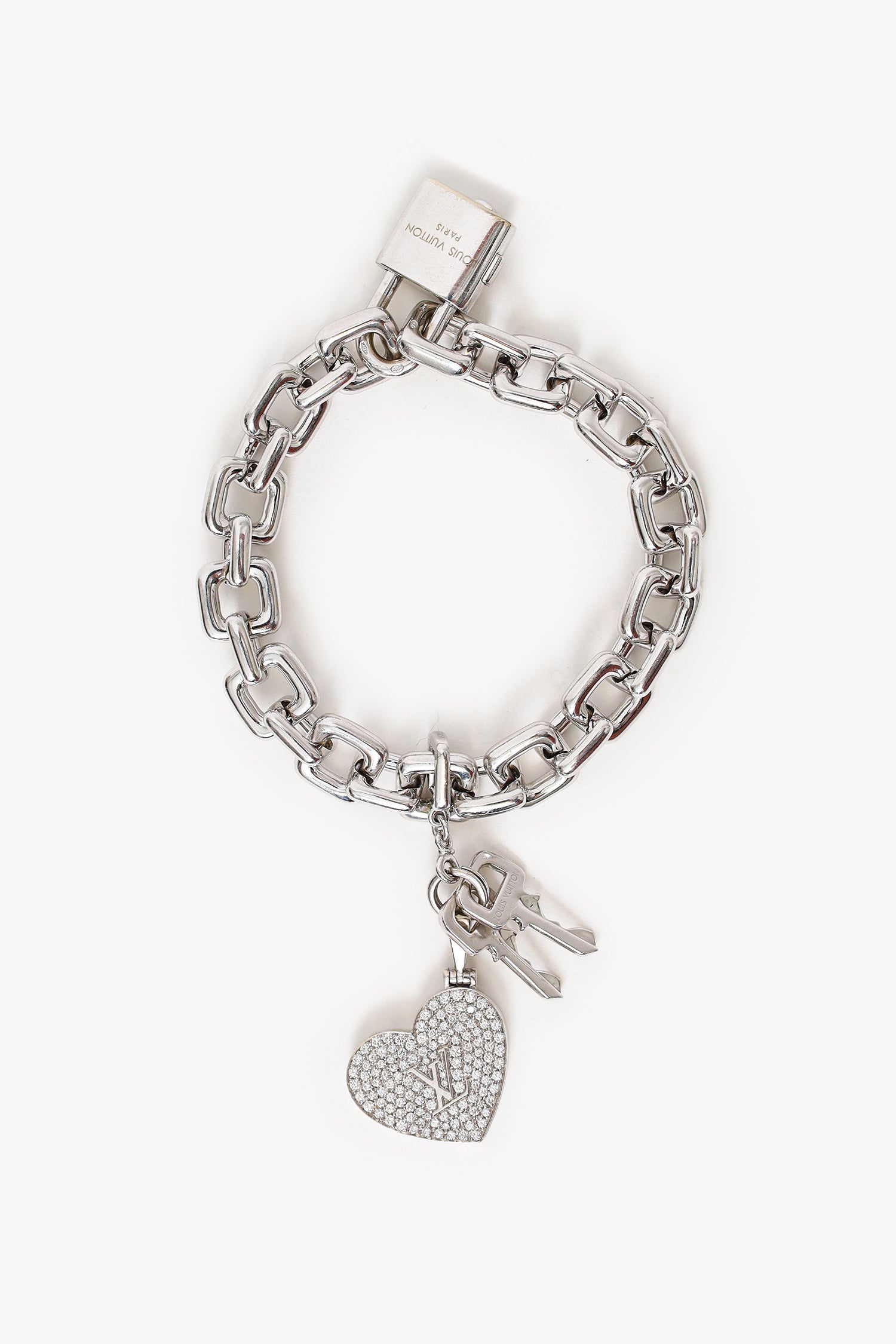 Louis Vuitton 18K White Gold/Pave Diamond Heart Tag Chain Bracelet