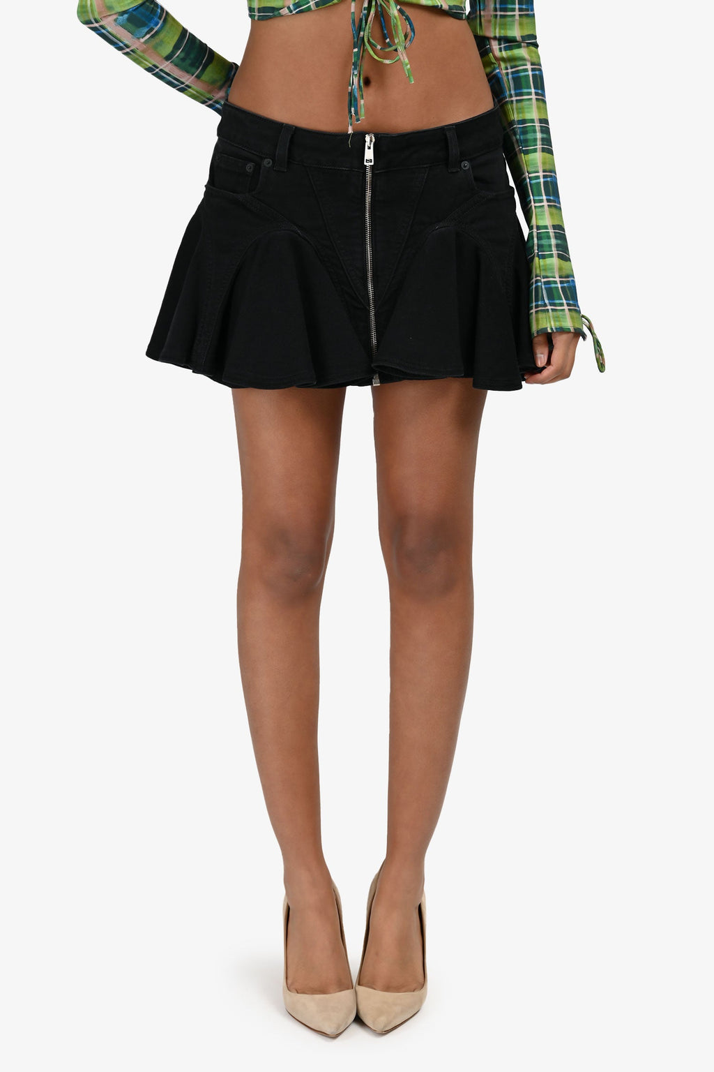 Mugler Black Ruffled Denim Mini Skirt Size 38