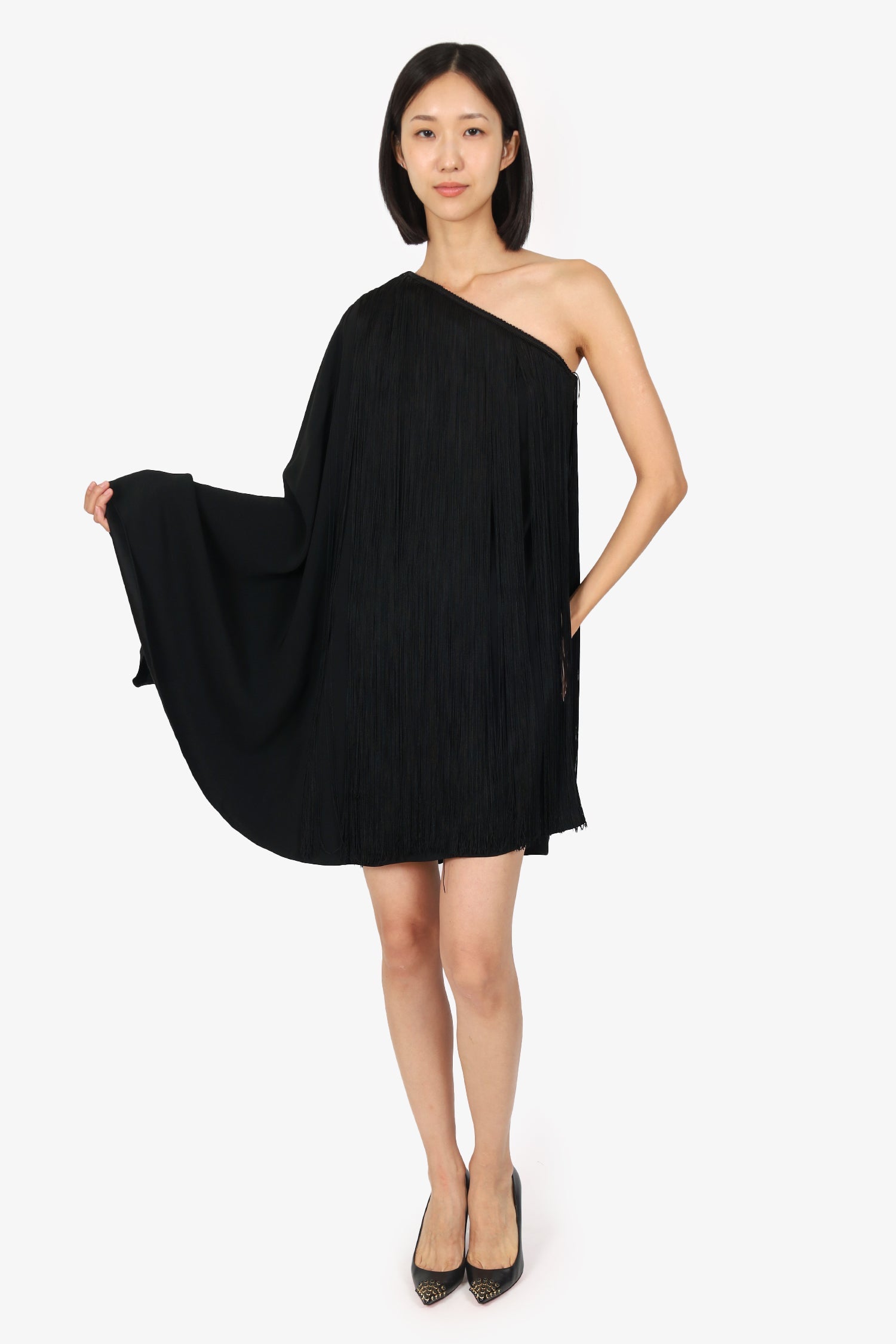 Saint Laurent Black Tassel One-Shoulder Dress Size 36
