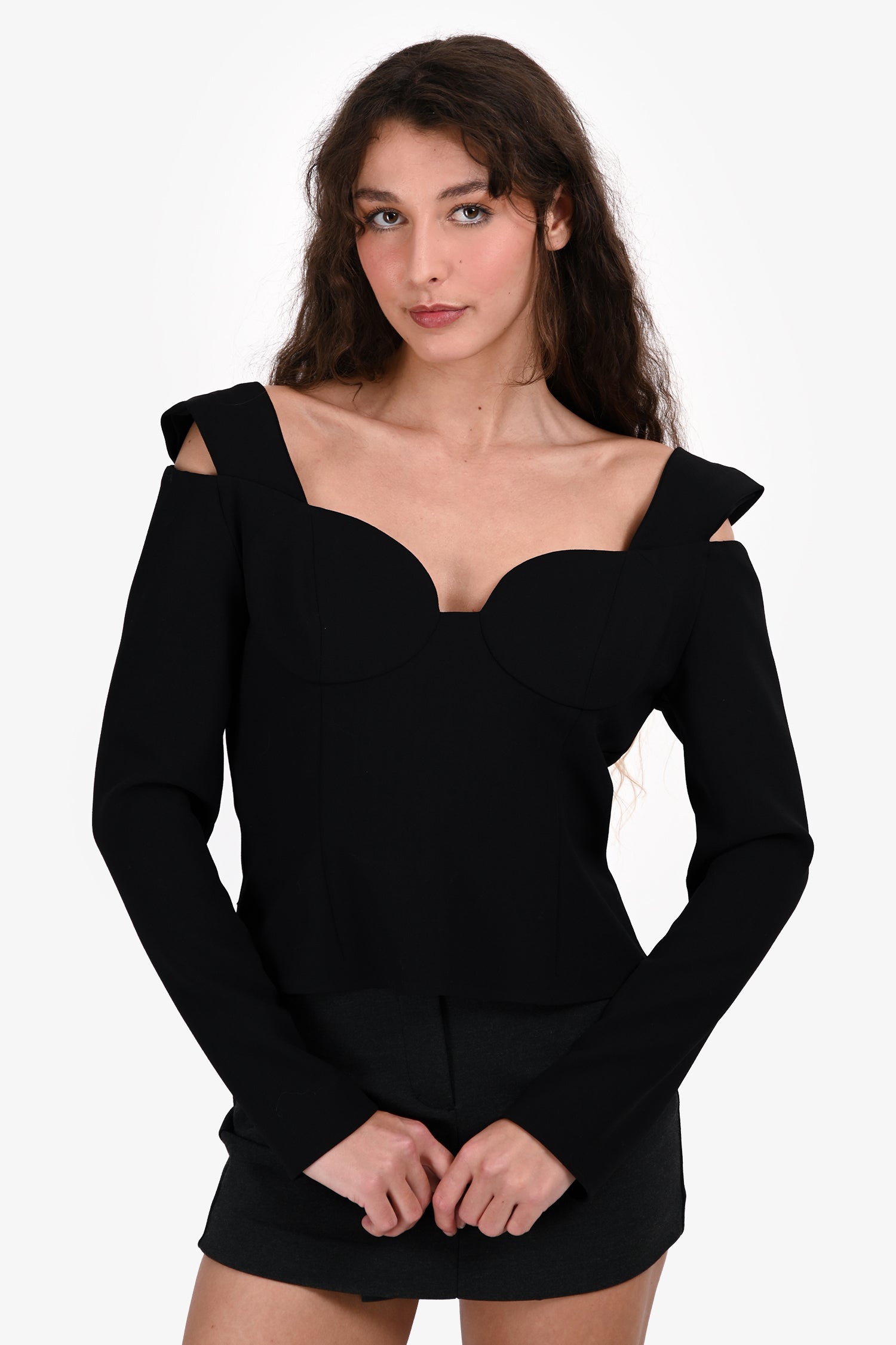 Magda Butrym Black Wool Off the Shoulder Top Size 42