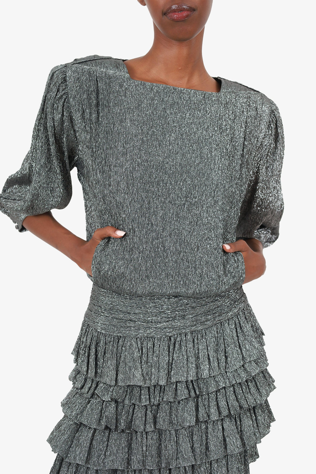 Saint Laurent Silver Metallic Ruffled Tiered Mini Dress Size 38