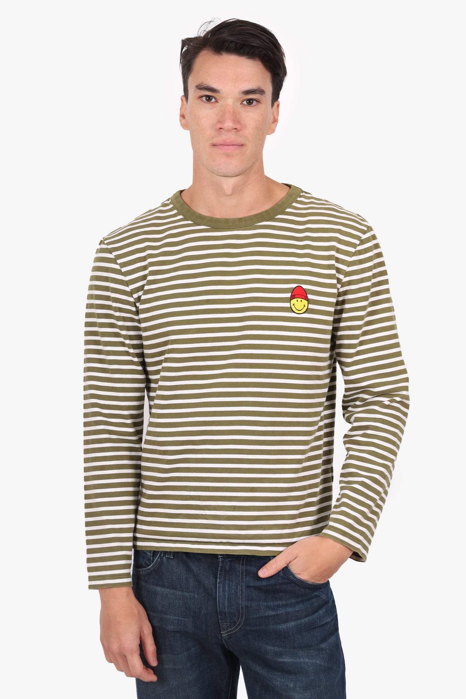 Ami X Smiley Green/White Striped Long Sleeve Smiley Face Top Size XL Mens