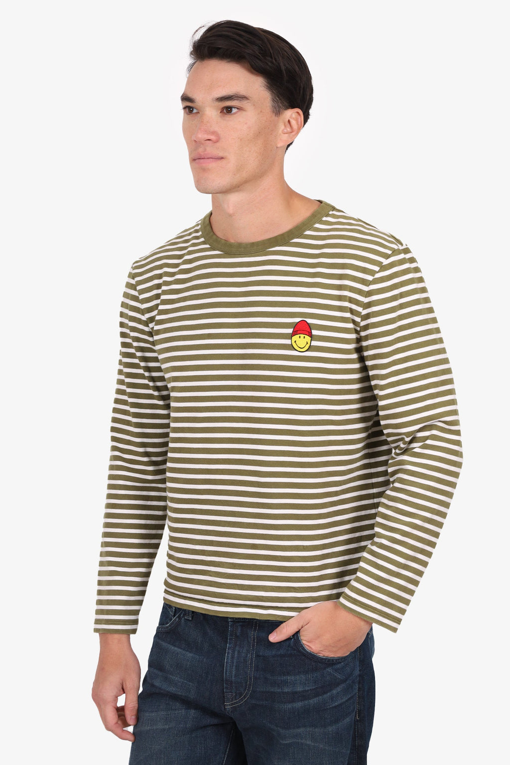 Ami X Smiley Green/White Striped Long Sleeve Smiley Face Top Size XL Mens