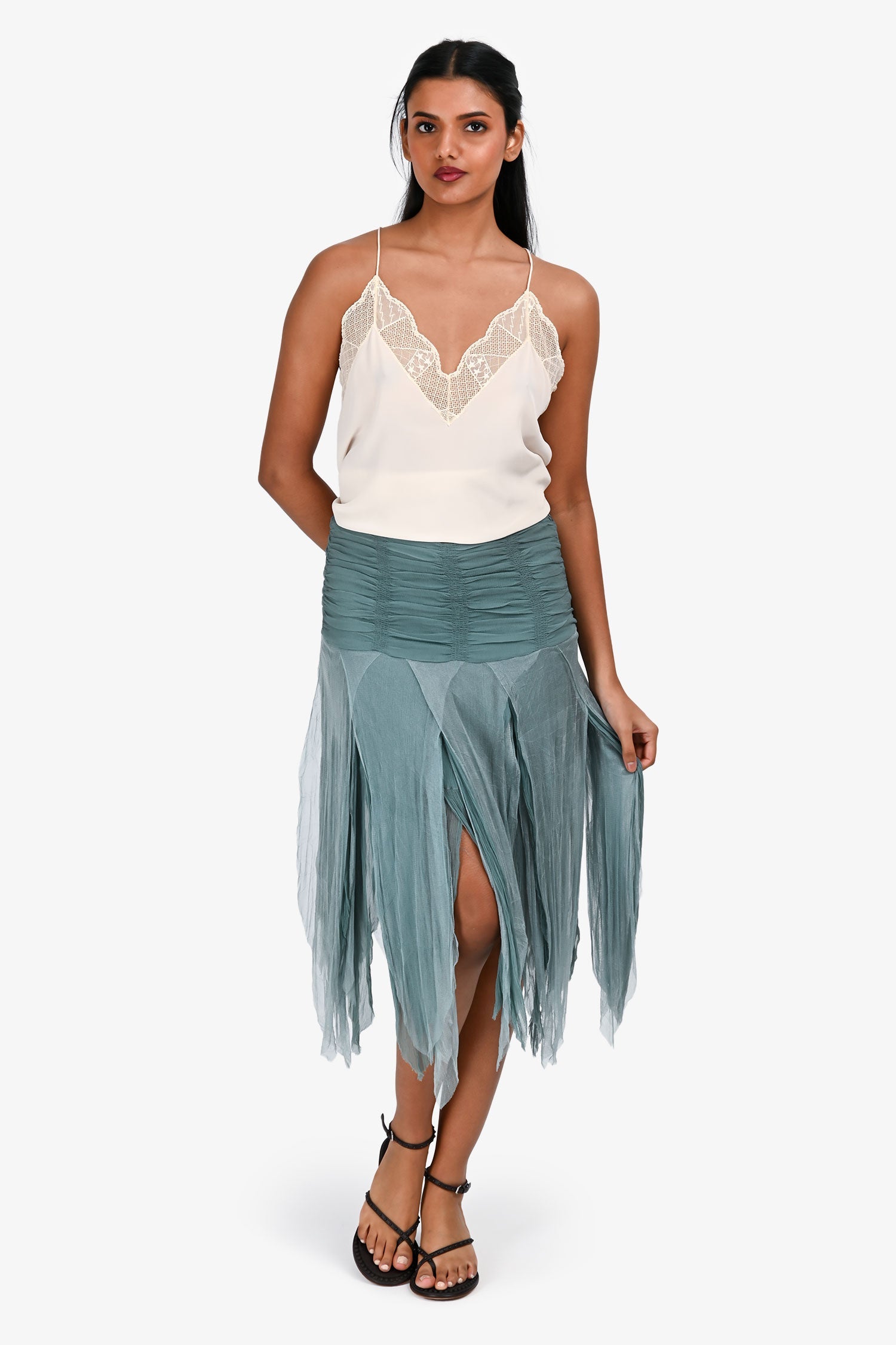 Blumarine Teal Silk Pixie Midi Skirt Size 38