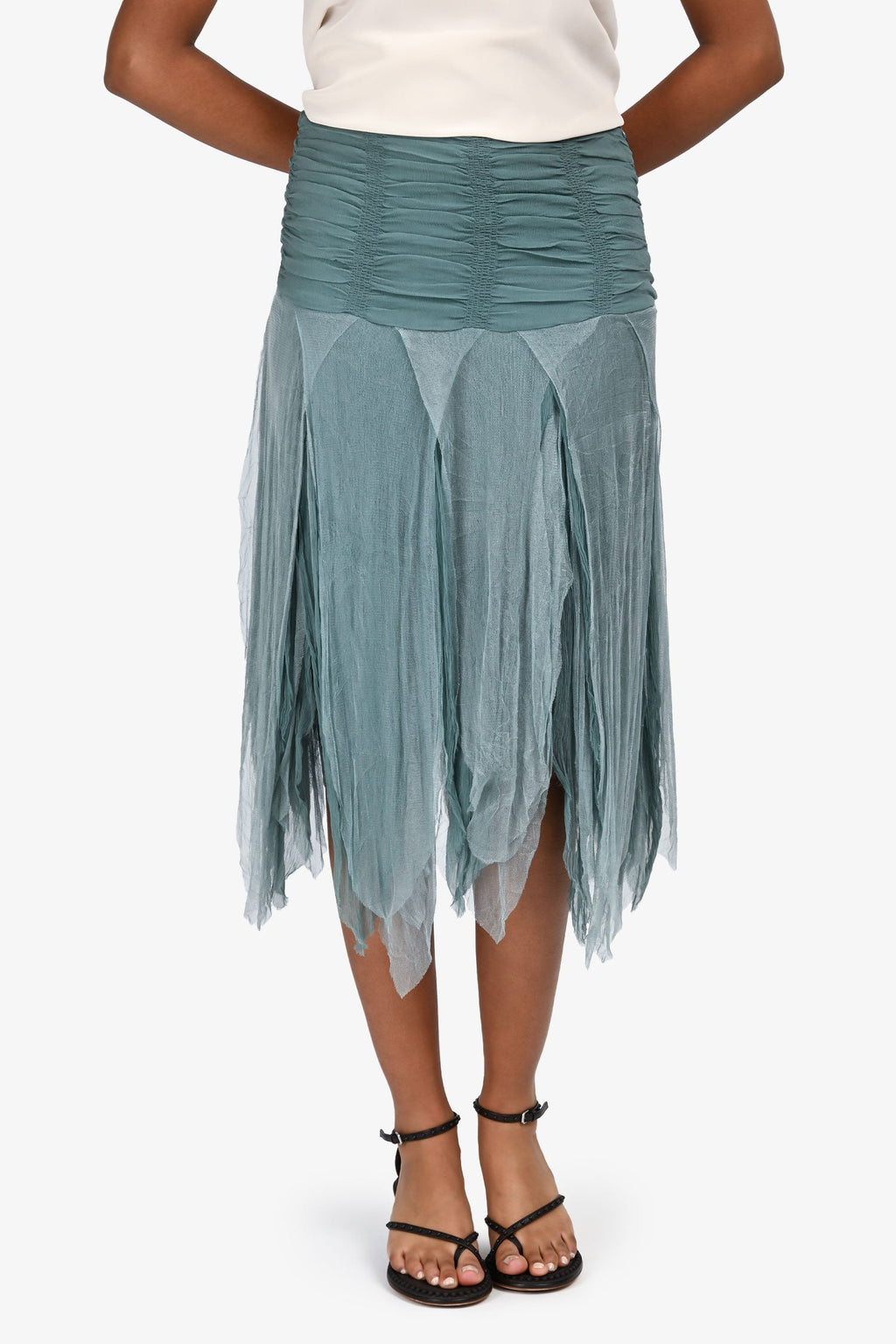 Blumarine Teal Silk Pixie Midi Skirt Size 38
