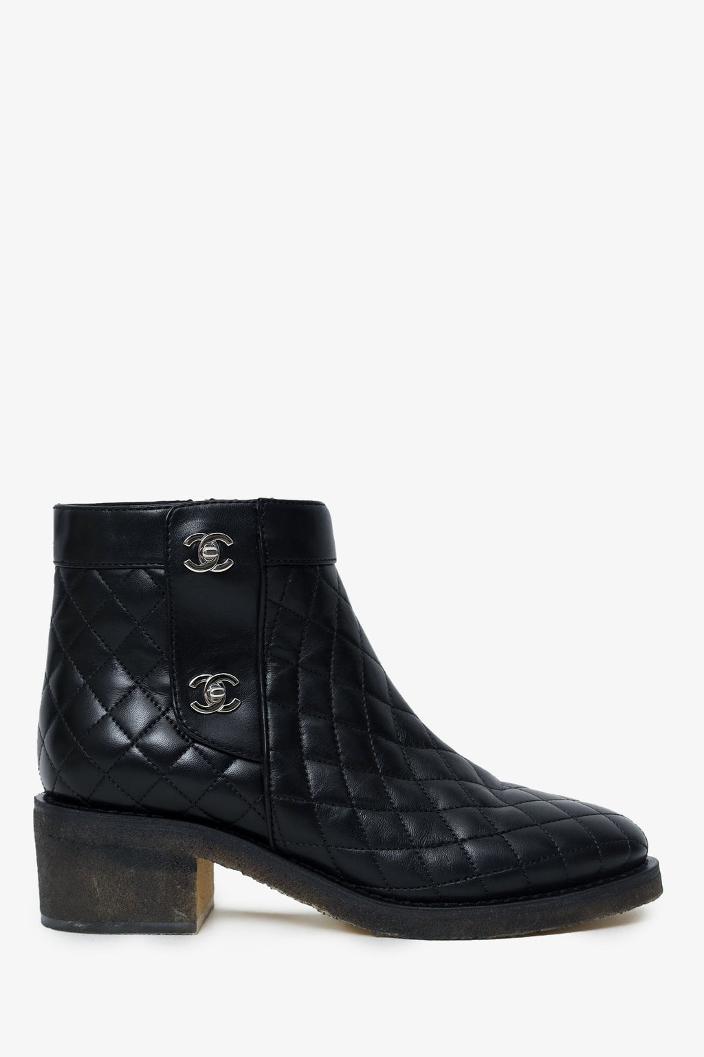 Pre-Loved Chanel™ 2015 Black Leather Interlocking CC Logo Moto Boots Size 39.5