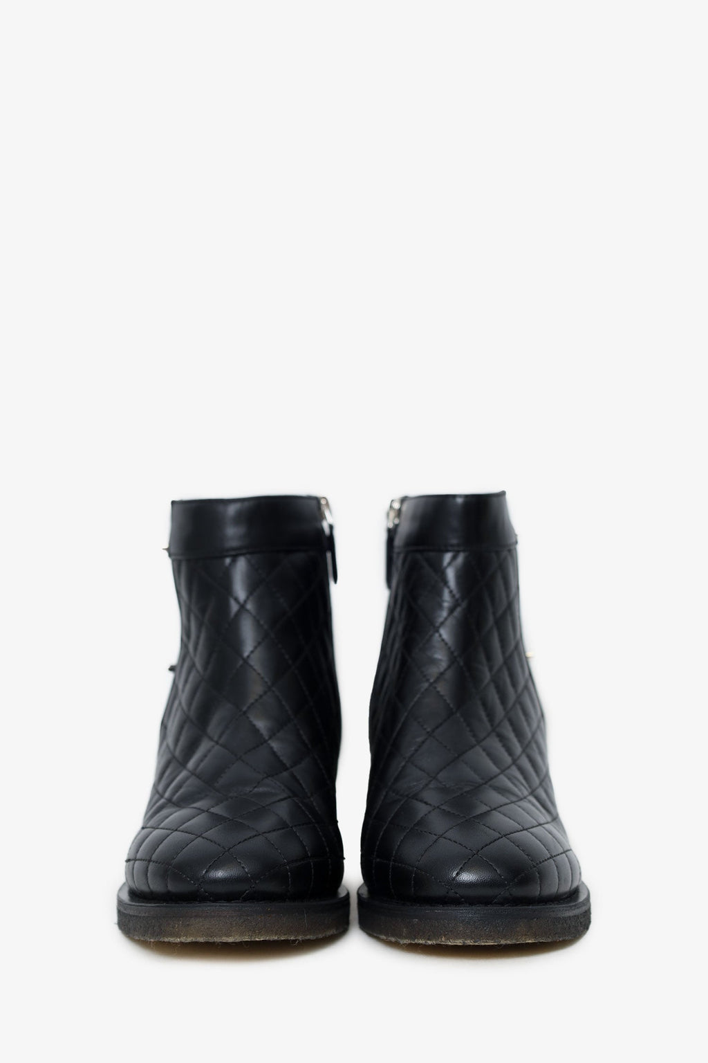 Pre-Loved Chanel™ 2015 Black Leather Interlocking CC Logo Moto Boots Size 39.5