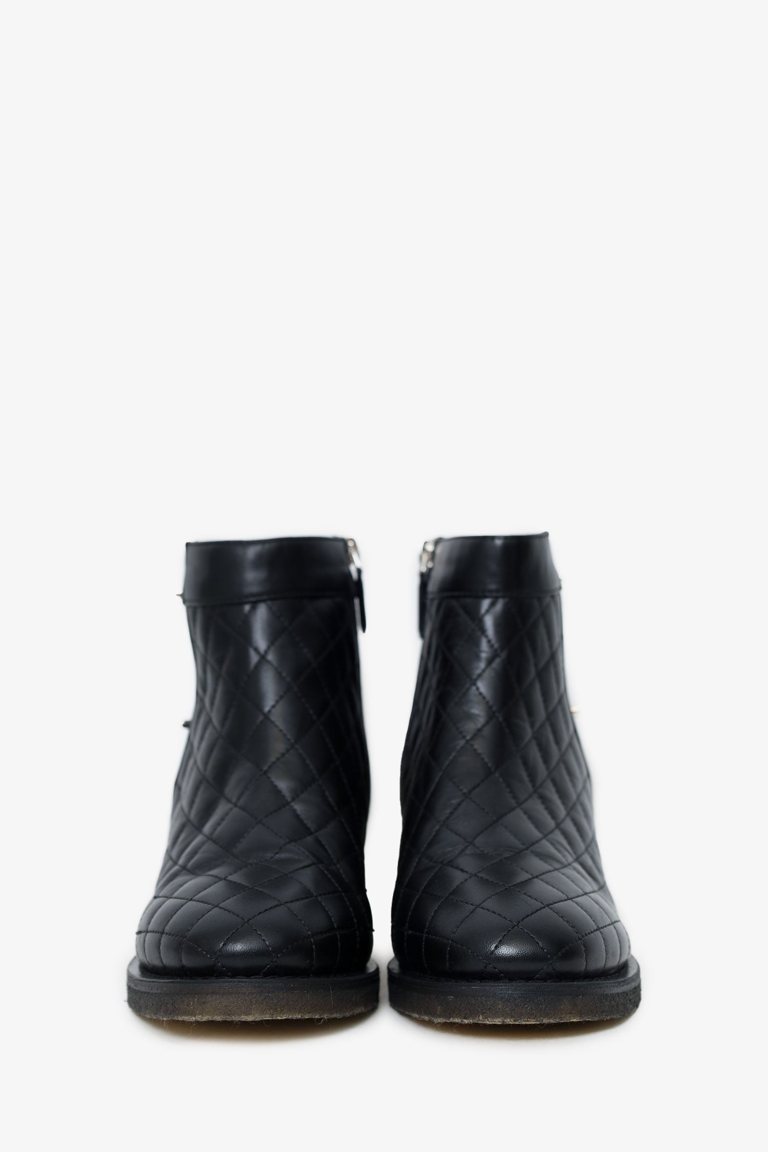 Pre-Loved Chanel™ 2015 Black Leather Interlocking CC Logo Moto Boots Size 39.5