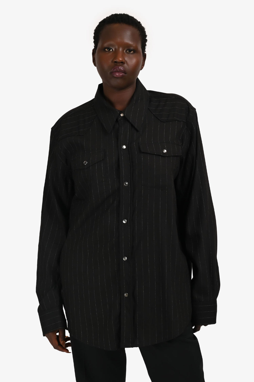 Our Legacy Black Pinstripe Button-Up Collared Shirt Size 50 Mens