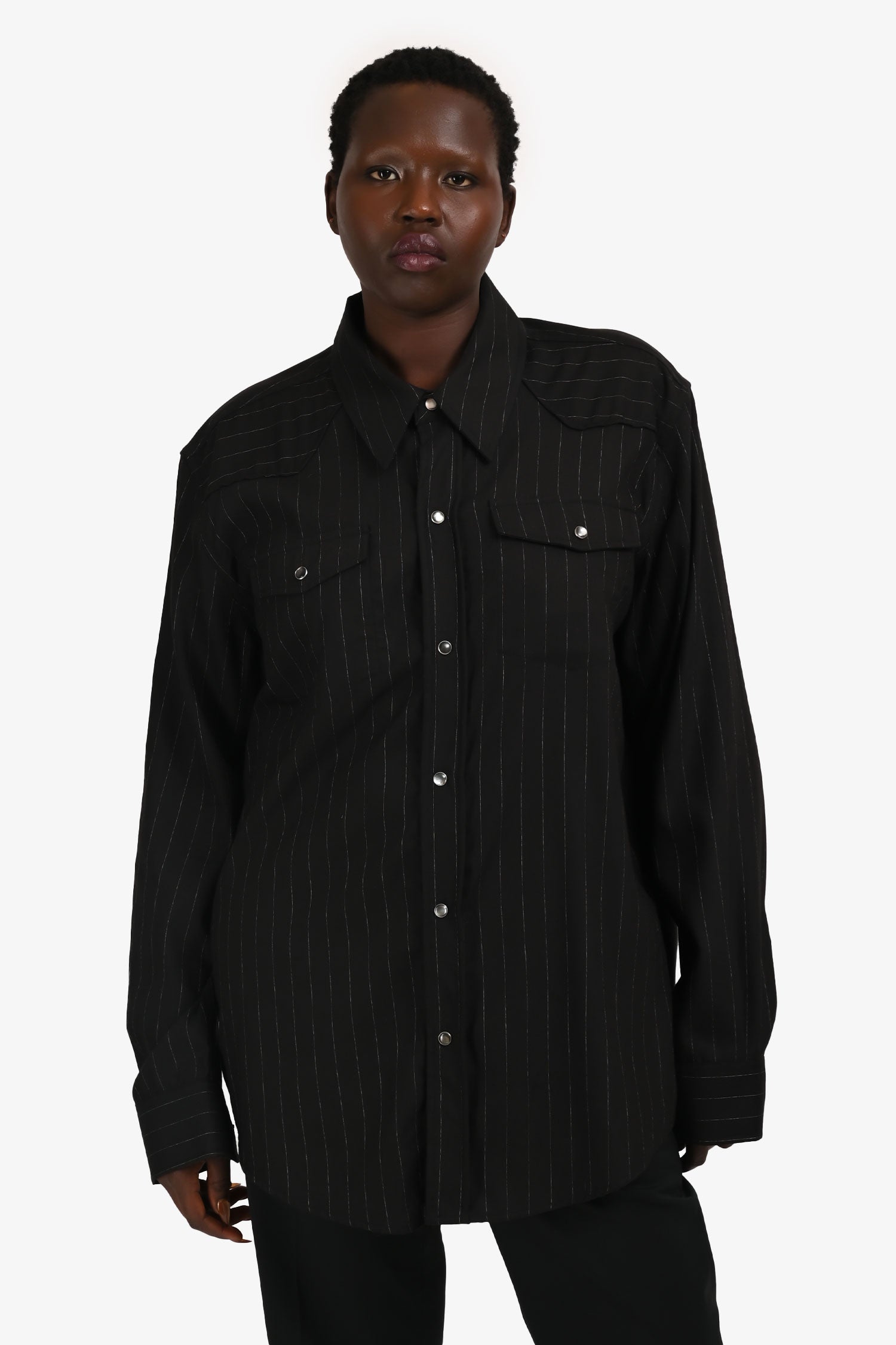 Our Legacy Black Pinstripe Button-Up Collared Shirt Size 50 Mens