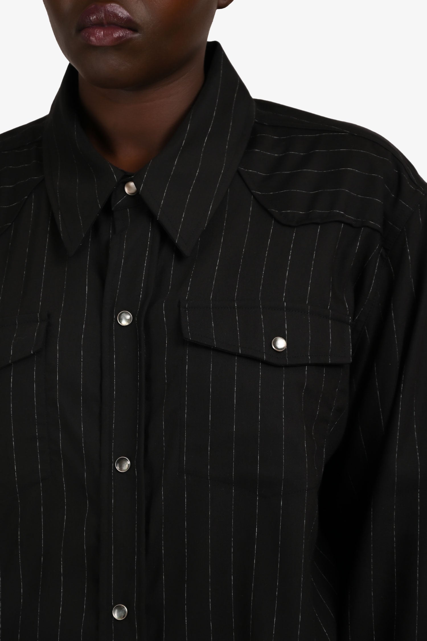 Our Legacy Black Pinstripe Button-Up Collared Shirt Size 50 Mens