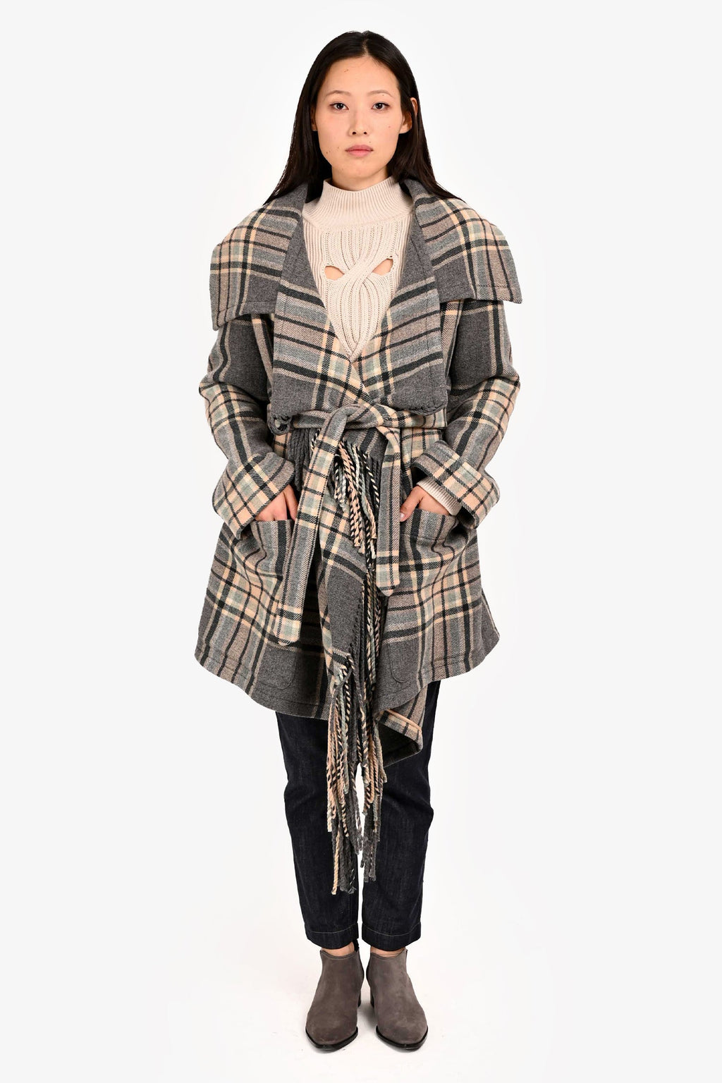 Chloe Grey/Multi Colour Wool Fringe Belted Coat Size 38