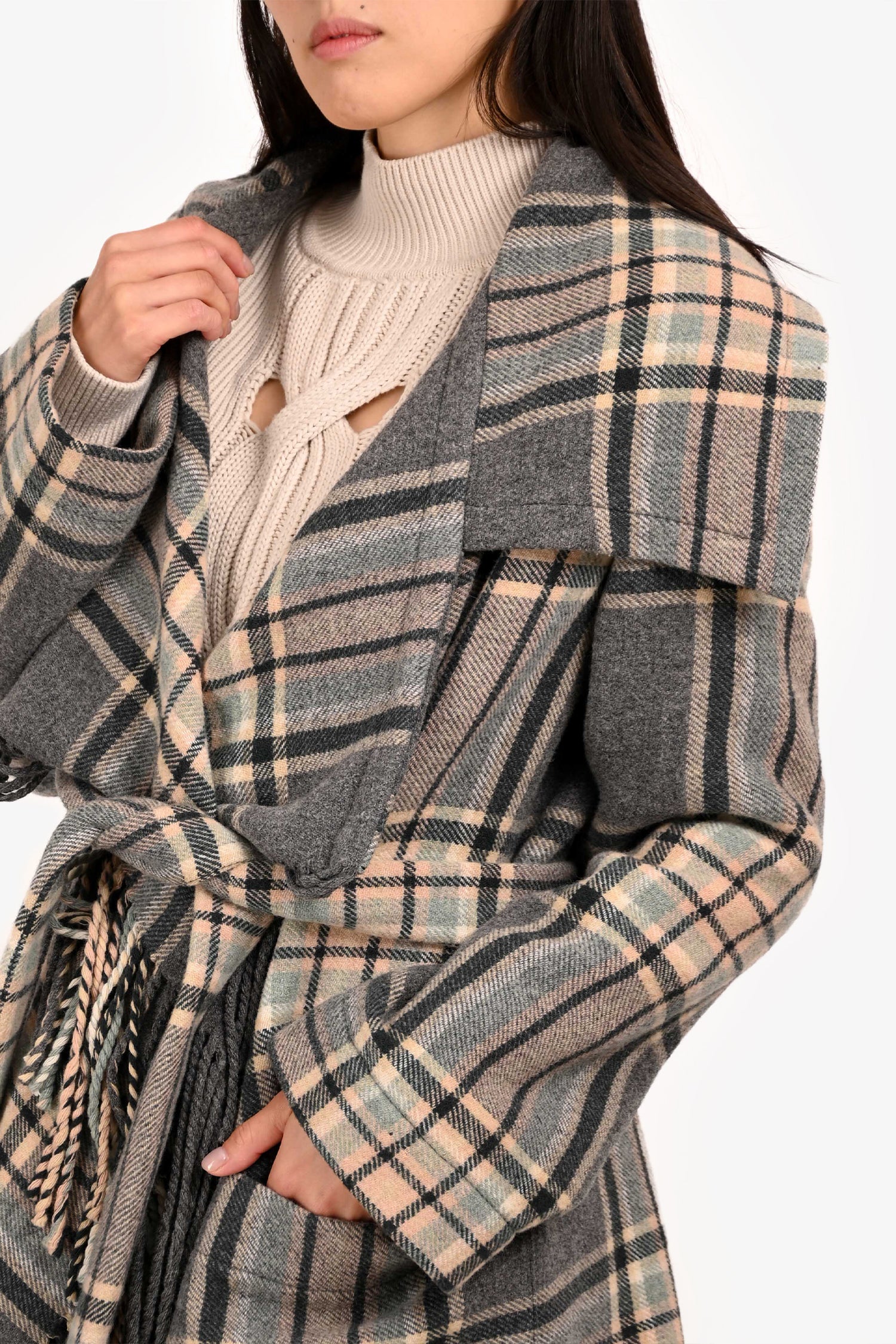 Chloe Grey/Multi Colour Wool Fringe Belted Coat Size 38