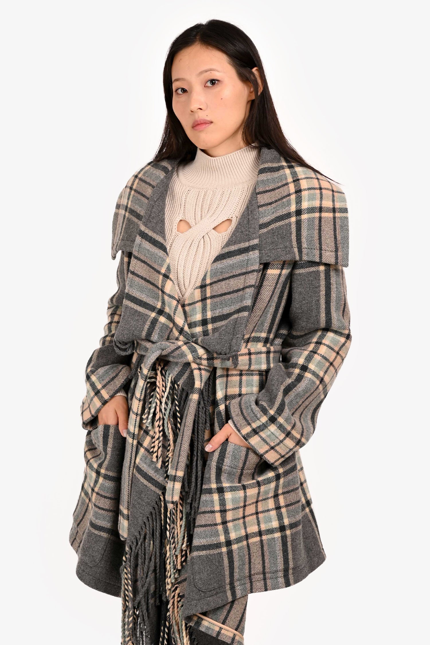 Chloe Grey/Multi Colour Wool Fringe Belted Coat Size 38