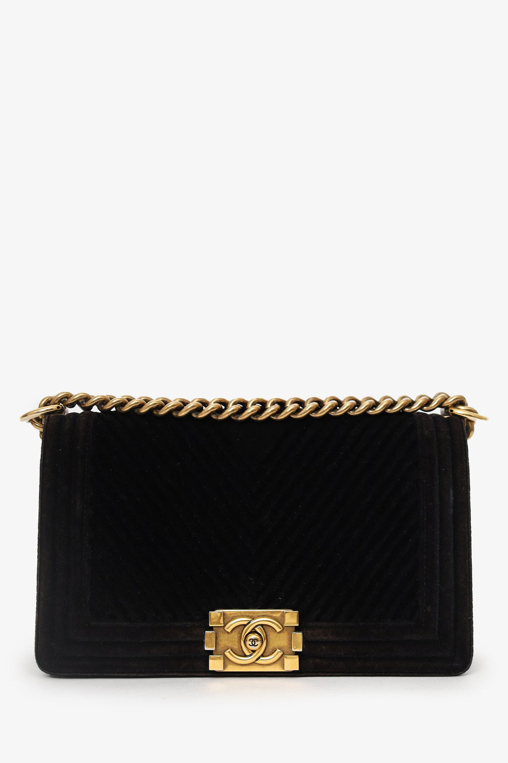 Pre-Loved Chanel™ 2017 Black/Brown Velvet Medium Chevron Boy Bag