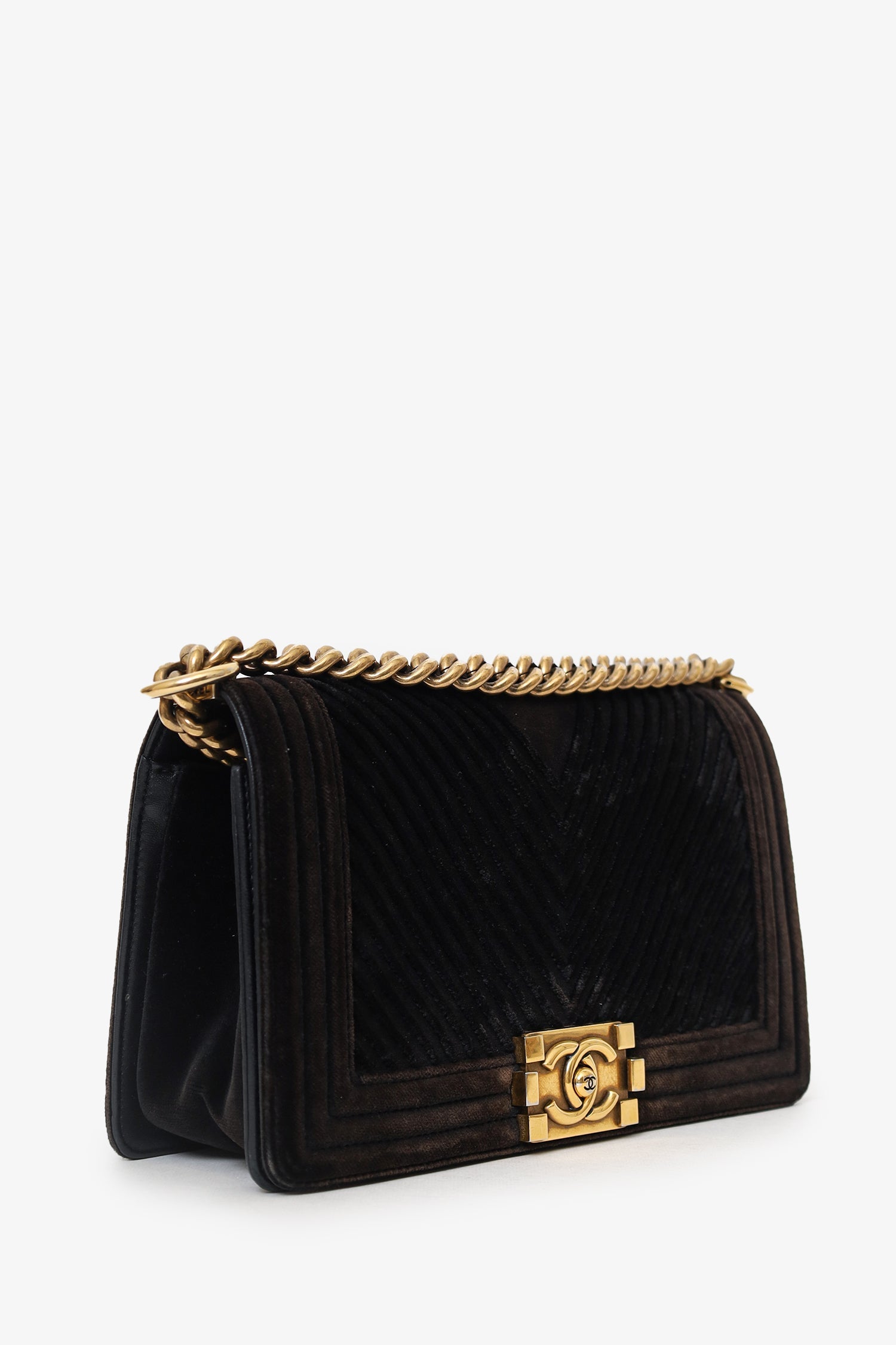 Pre-Loved Chanel™ 2017 Black/Brown Velvet Medium Chevron Boy Bag