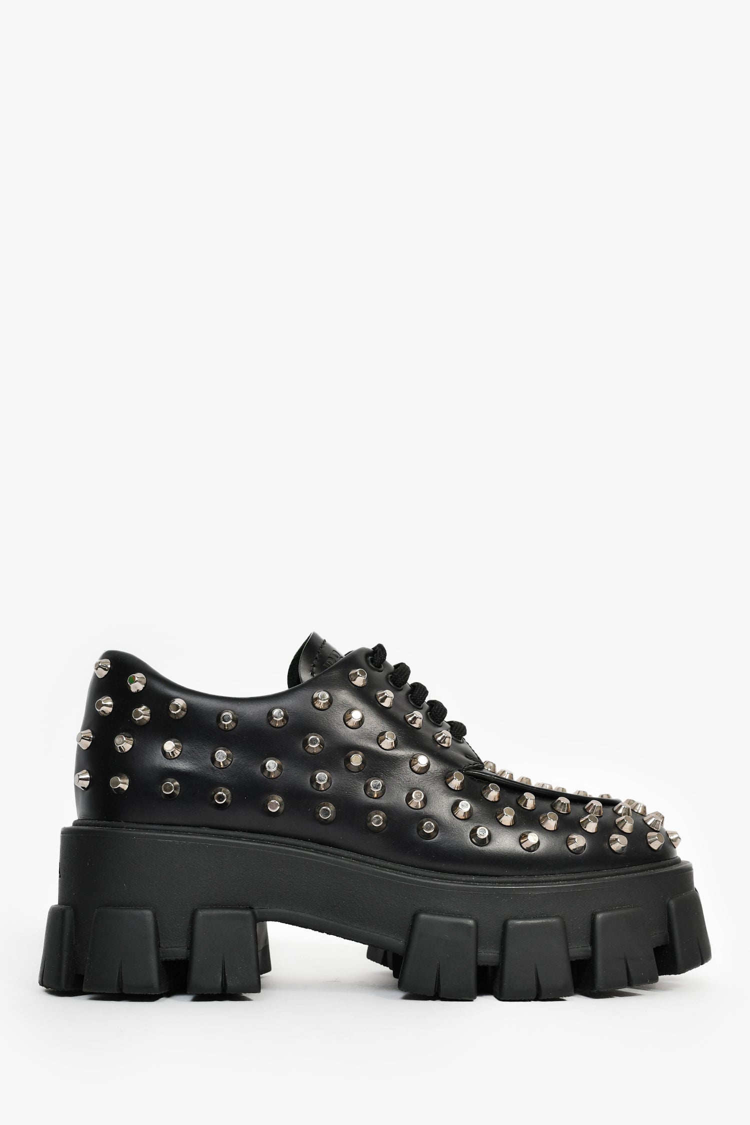 Prada Black Brushed Leather Studded Platform Loafers Size 35