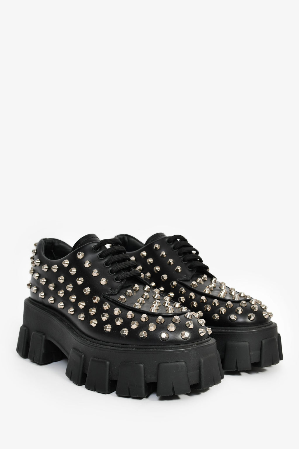 Prada Black Brushed Leather Studded Platform Loafers Size 35