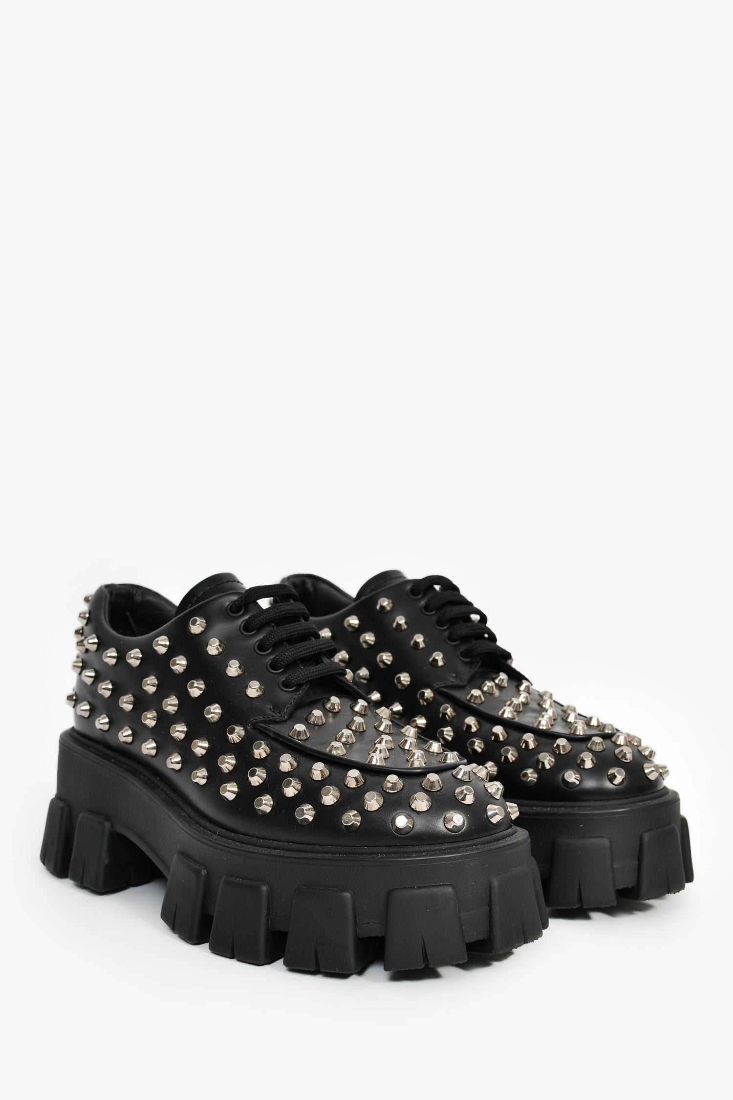 Prada Black Brushed Leather Studded Platform Loafers Size 35