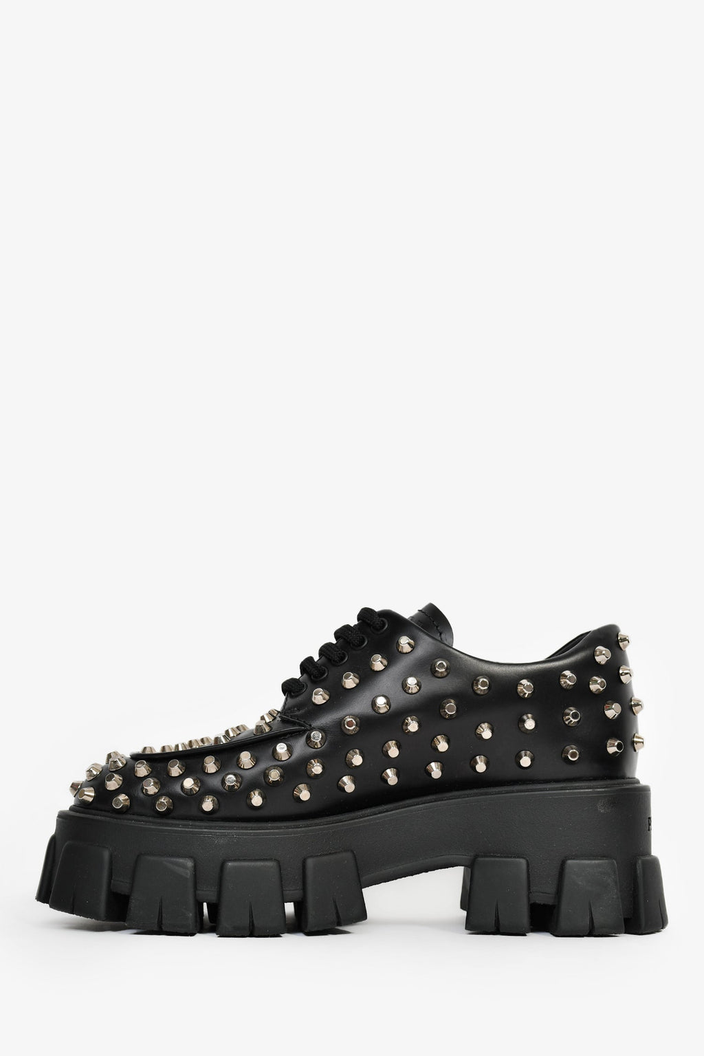 Prada Black Brushed Leather Studded Platform Loafers Size 35