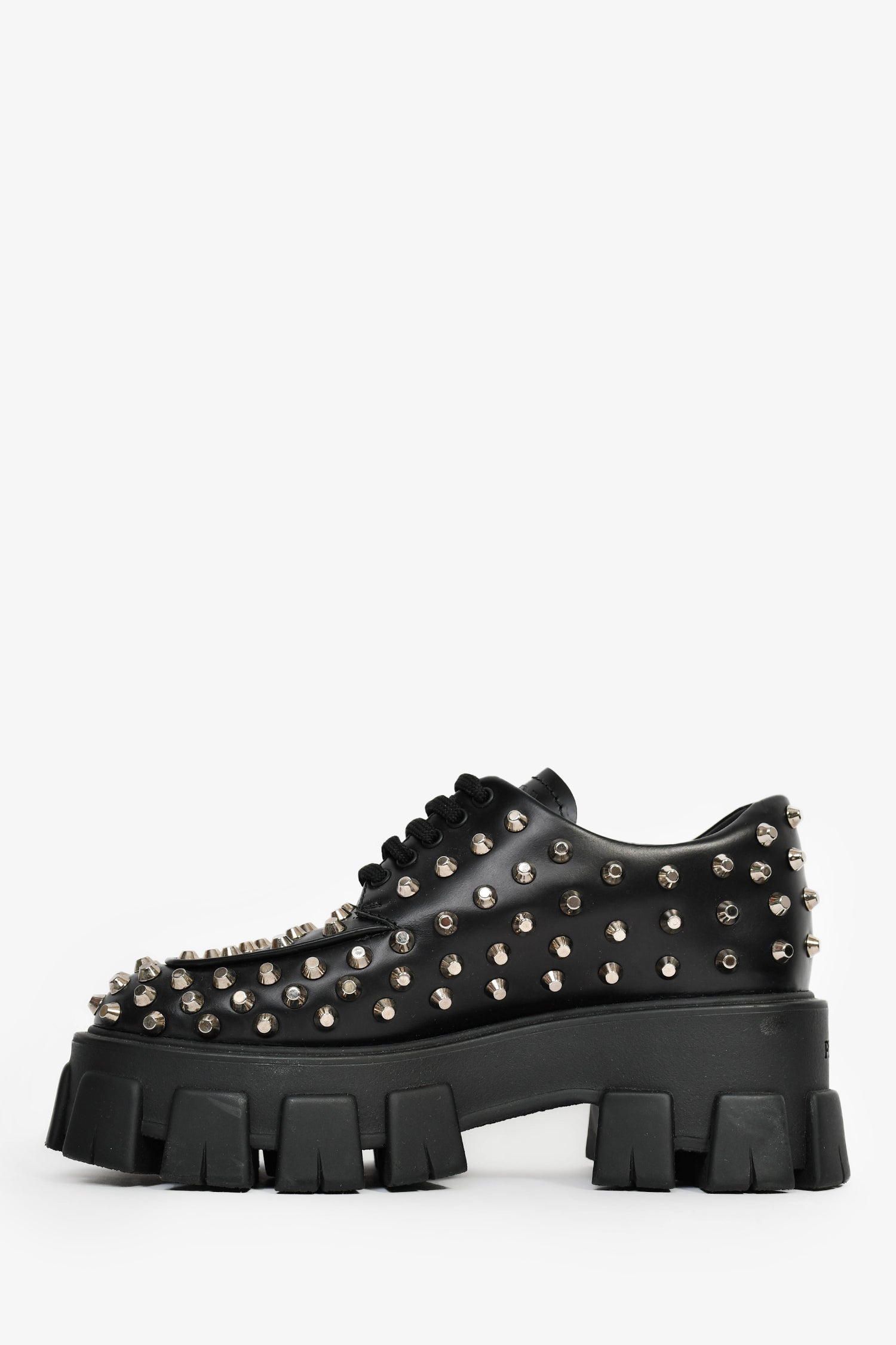 Prada Black Brushed Leather Studded Platform Loafers Size 35
