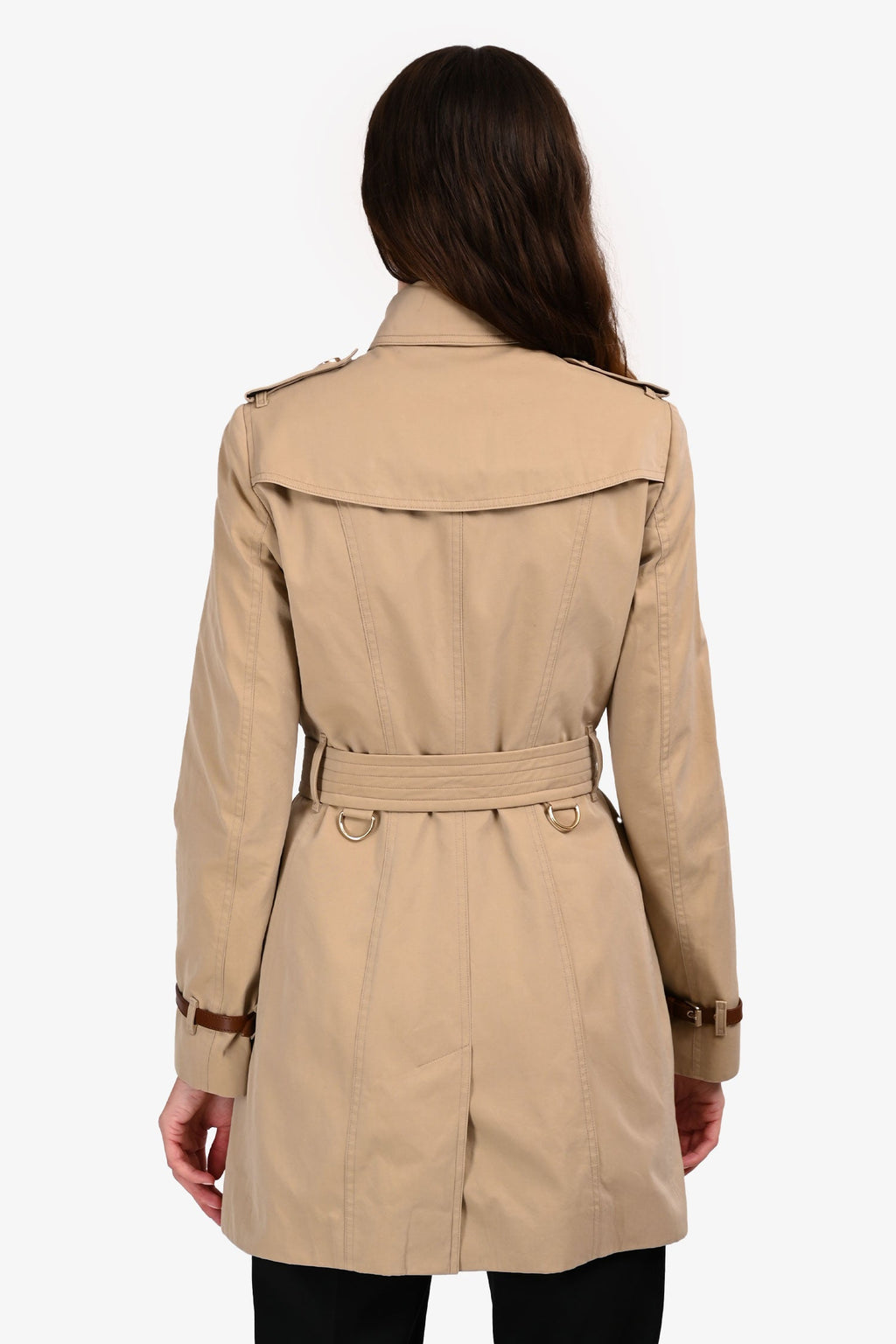 Burberry Tan/Gold Buttoned Double Breasted Belted Trench Coat Size 4