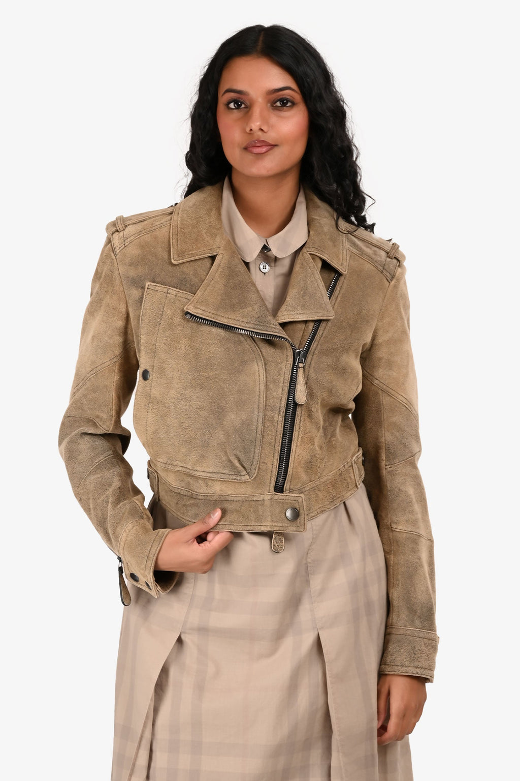 Burberry Brown/Black Leather Cropped Biker Jacket Size 38