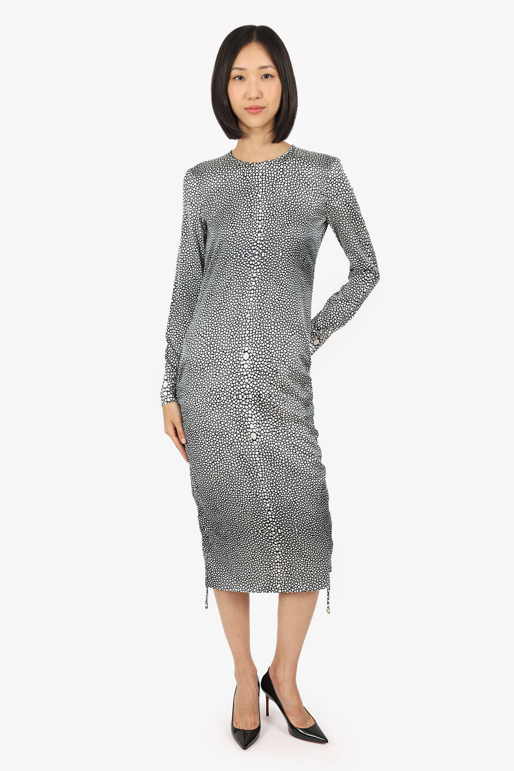 Roberto Cavalli Black/White Silk Printed Ruched Long Sleeve Midi Dress Size 42