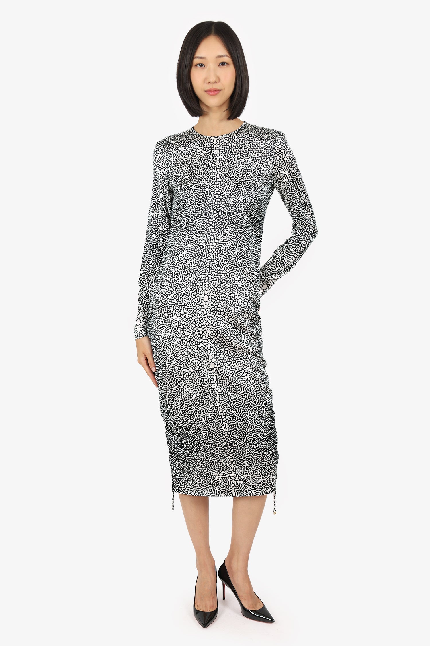 Roberto Cavalli Black/White Silk Printed Ruched Long Sleeve Midi Dress Size 42