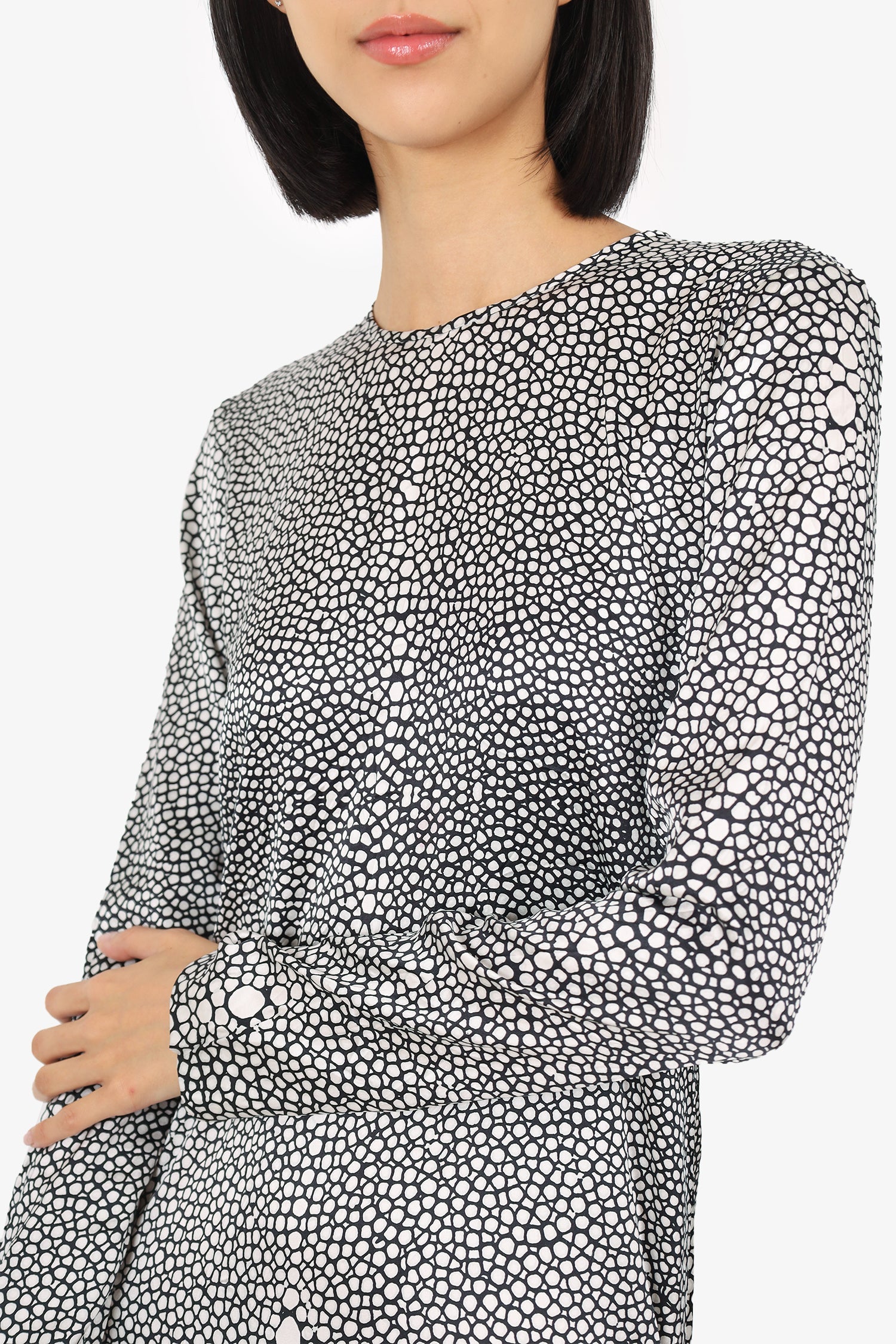Roberto Cavalli Black/White Silk Printed Ruched Long Sleeve Midi Dress Size 42