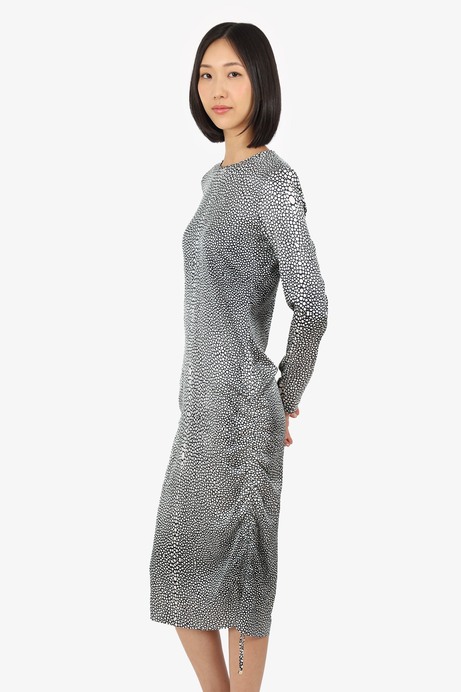 Roberto Cavalli Black/White Silk Printed Ruched Long Sleeve Midi Dress Size 42