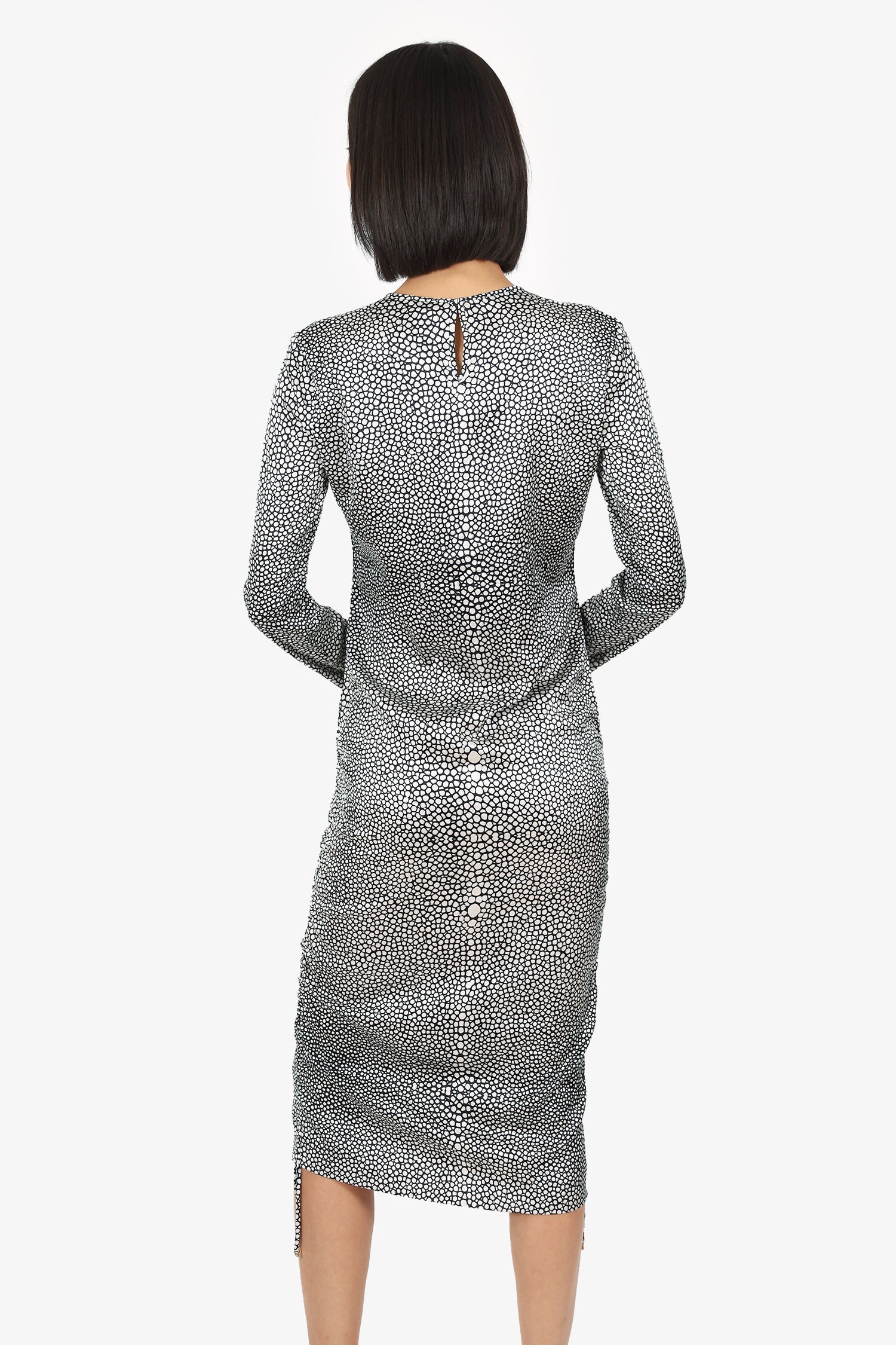 Roberto Cavalli Black/White Silk Printed Ruched Long Sleeve Midi Dress Size 42