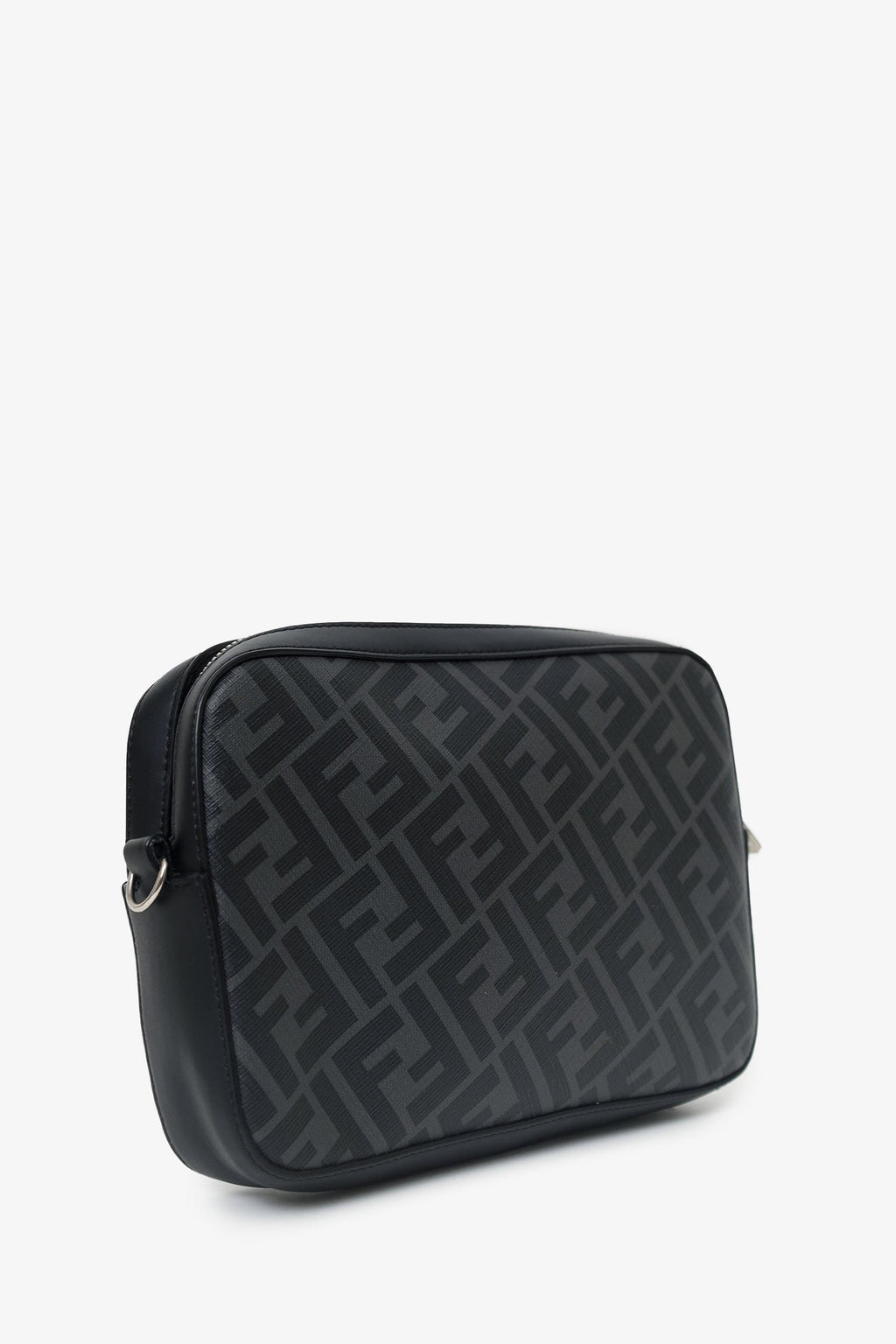 Fendi Black Vitello Liberty Leather Grey FF Canvas Diagonal Camera Case