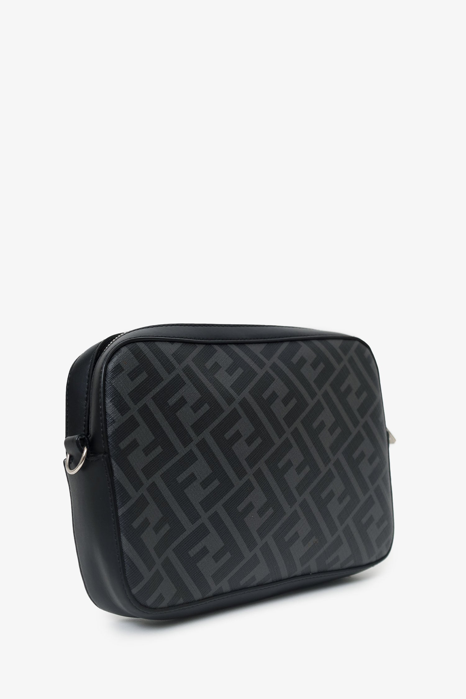 Fendi Black Vitello Liberty Leather Grey FF Canvas Diagonal Camera Case