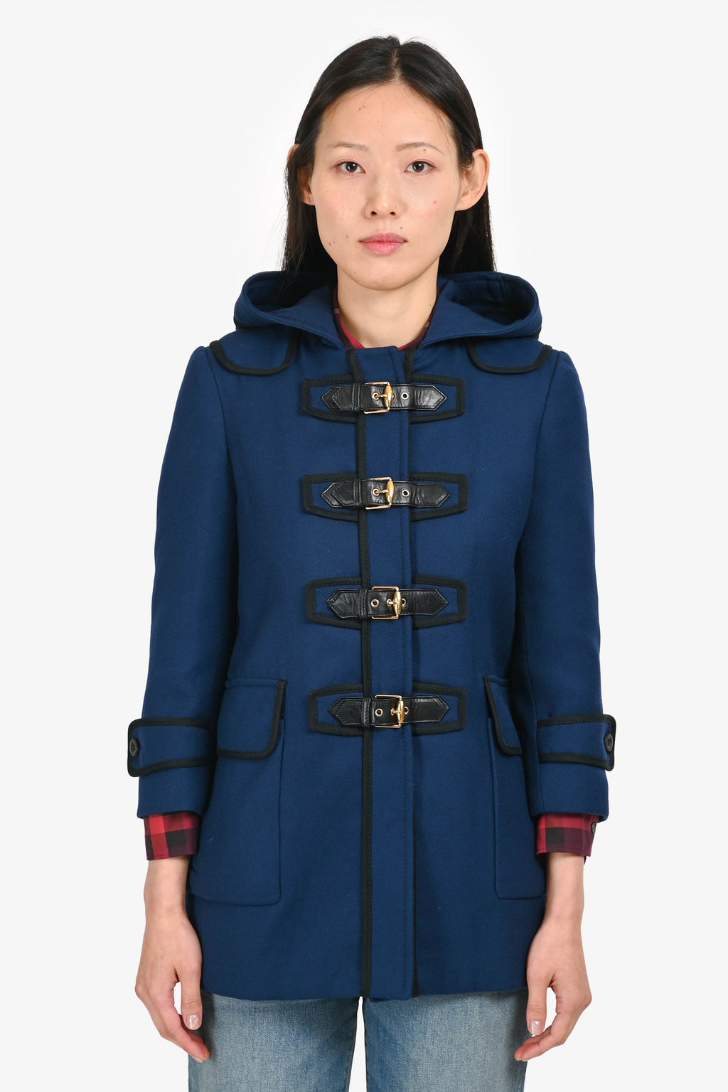 Gucci Navy/Black Leather Buckle Detail Duffel Coat Size 40