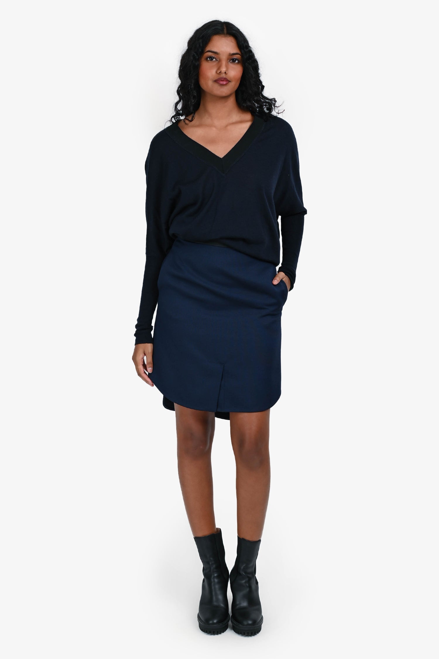 3.1 Phillip Lim Navy/Black Wool Pleated Waist Midi Skirt Size 0