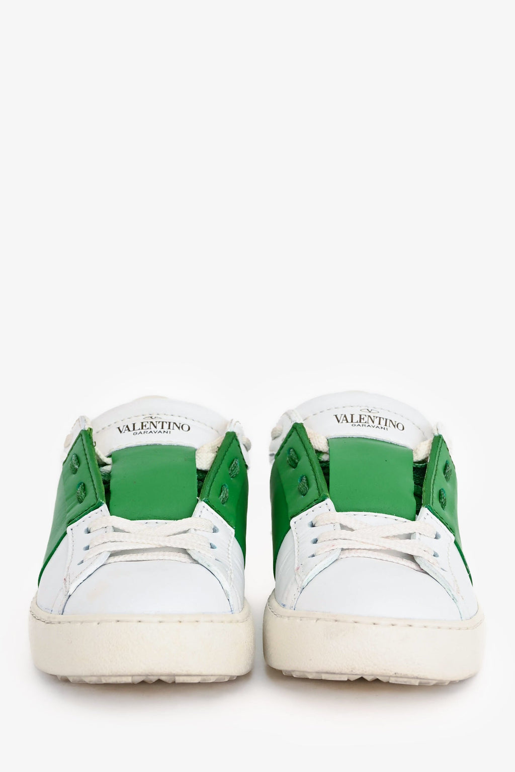 Valentino White/Green Leather Rockstud Sneakers Size 35