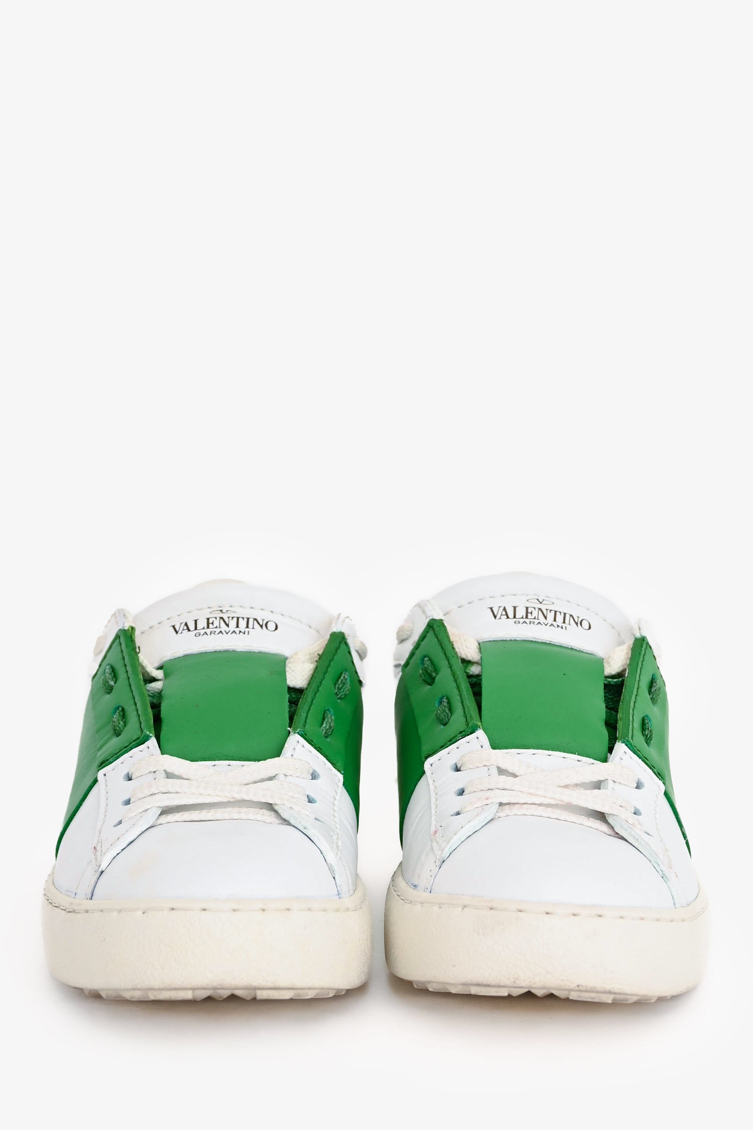 Valentino White/Green Leather Rockstud Sneakers Size 35