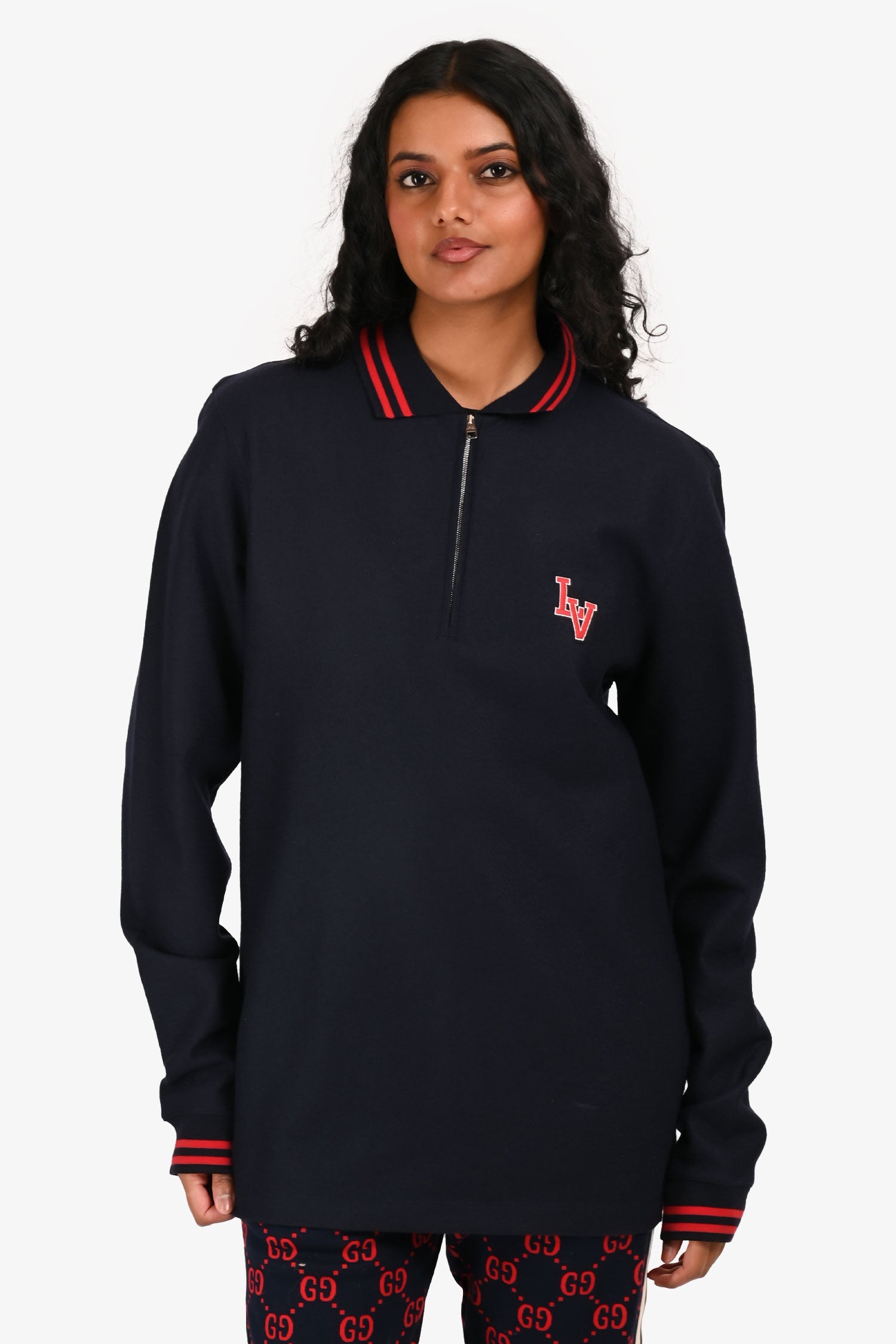 Louis Vuitton 2017 Navy/Red Wool Long Sleeve Polo Top Size M