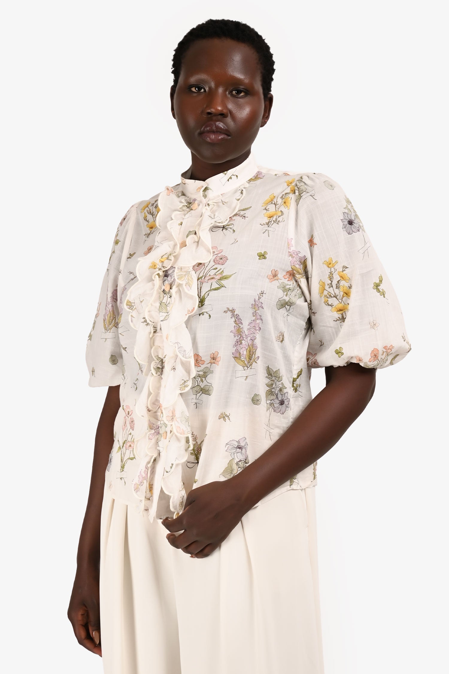 Zimmermann White/Multicolour Floral Scalloped Ruffle Blouse Size 3