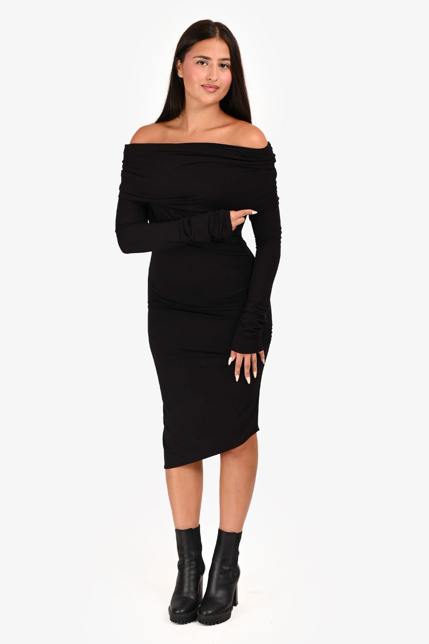 Entire Studios Black Off-Shoulder Ruched Long Sleeved Dress Size S