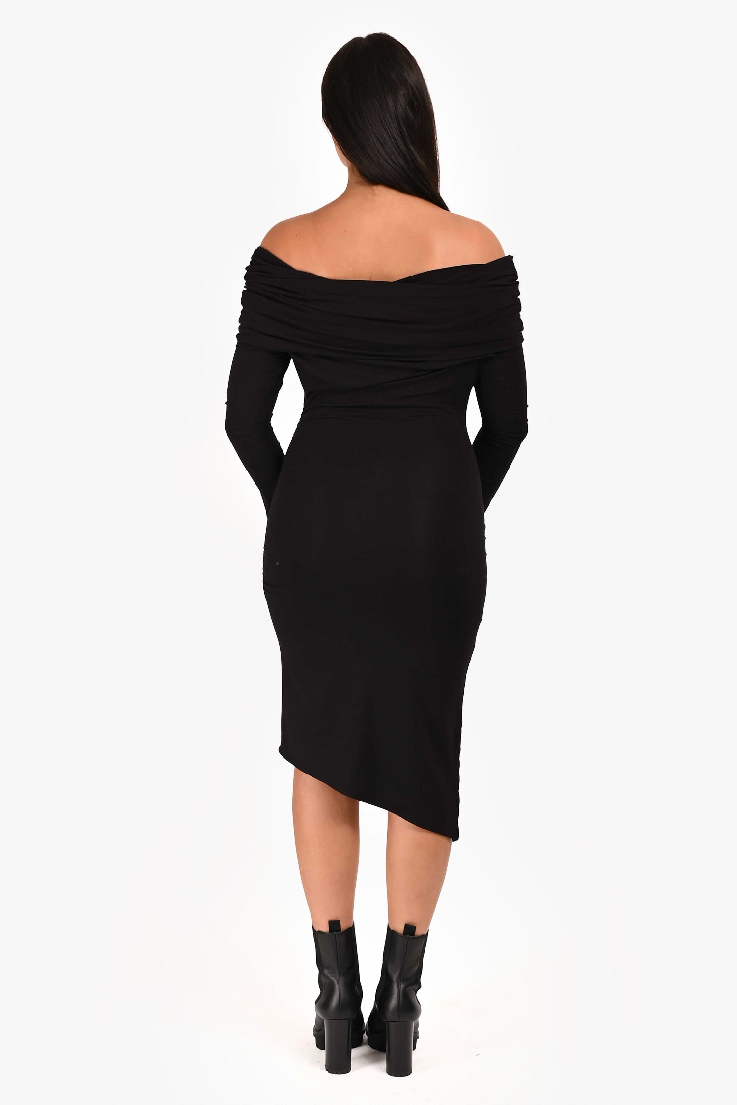 Entire Studios Black Off-Shoulder Ruched Long Sleeved Dress Size S